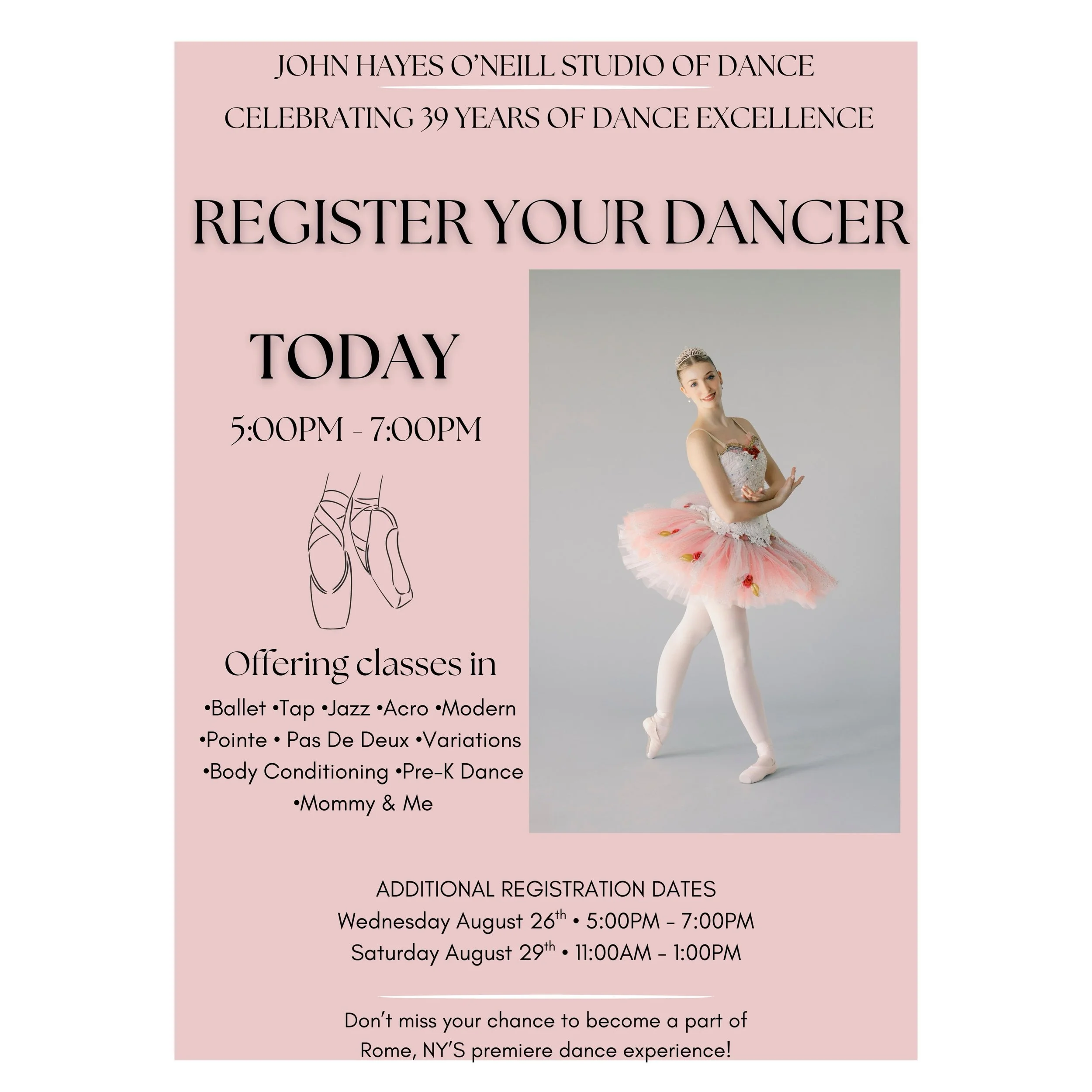 ✨REGISTRATION STARTS TODAY AT JHO! ✨

TODAY &mdash; TUESDAY, AUGUST 25! 🩰🤍
Come see us TONIGHT from 5:00&ndash;7:00 PM and register for our 2026&ndash;2027 School Year!

Join us as we celebrate 39 incredible years of Dance Excellence right here in 