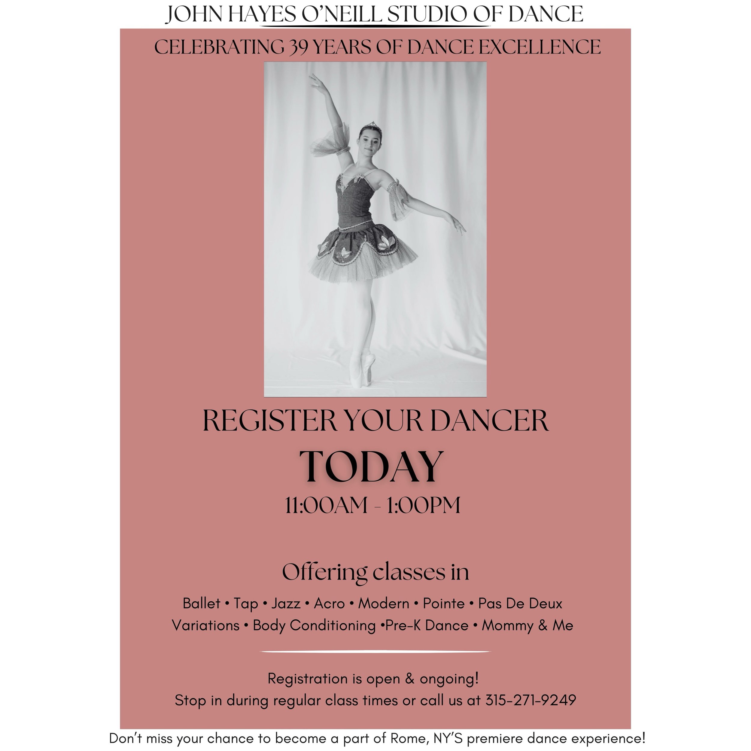✨REGISTER TODAY AT JHO! ✨

SATURDAY, AUGUST 29! 🩰🤍
Come see us TODAY from 11:00 AM- 1:00PM and register for our 2026&ndash;2027 School Year!

Join us as we celebrate 39 incredible years of Dance Excellence right here in Rome, NY! ✨

🌟 Classes for 