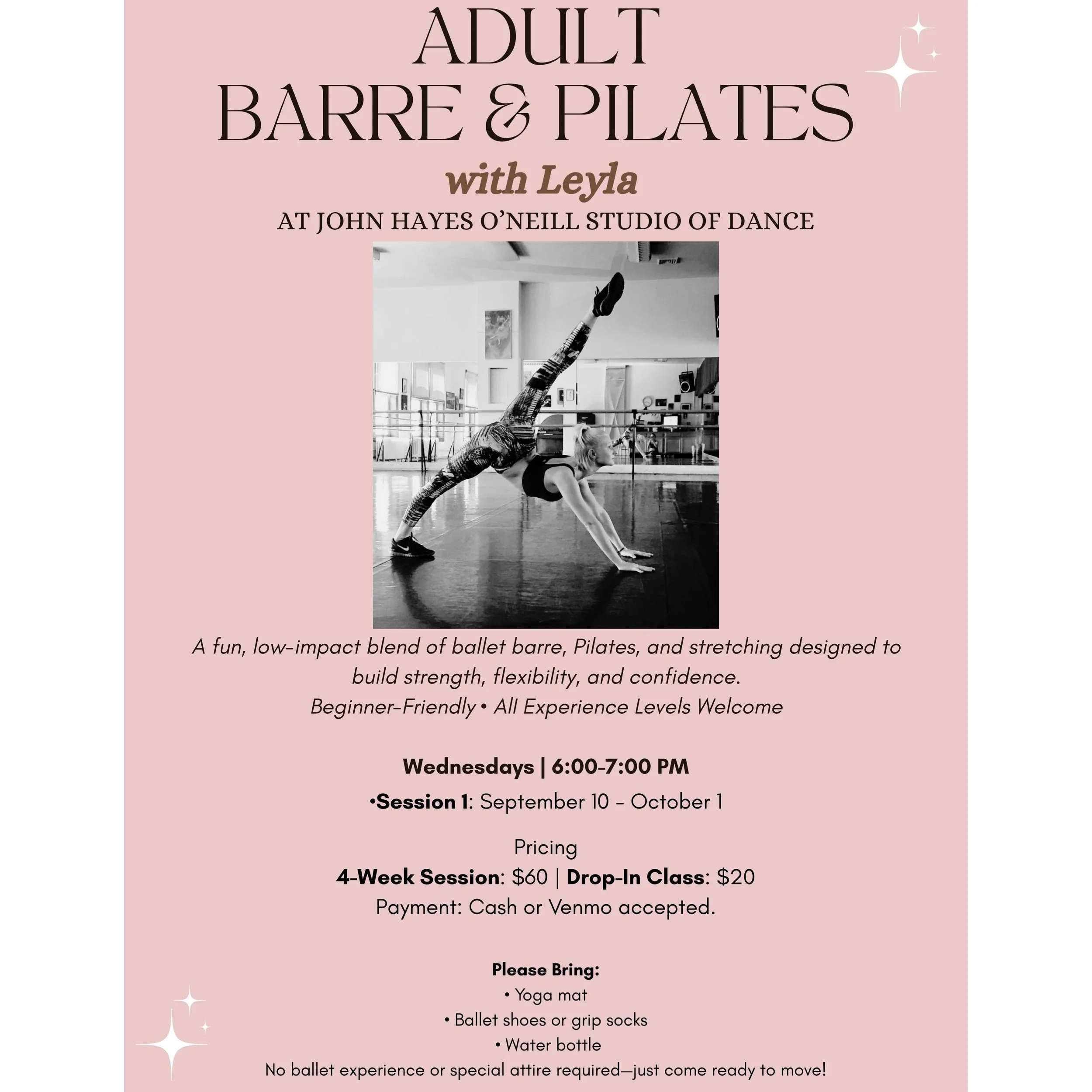 ✨ ADULT BARRE &amp; PILATES IS BACK! ✨

We had SO much fun dancing, sweating, stretching &amp; moving together this summer&hellip; now it&rsquo;s time to bring it back for FALL! 💛

Join Leyla every Wednesday for a fun, beginner-friendly blend of bal