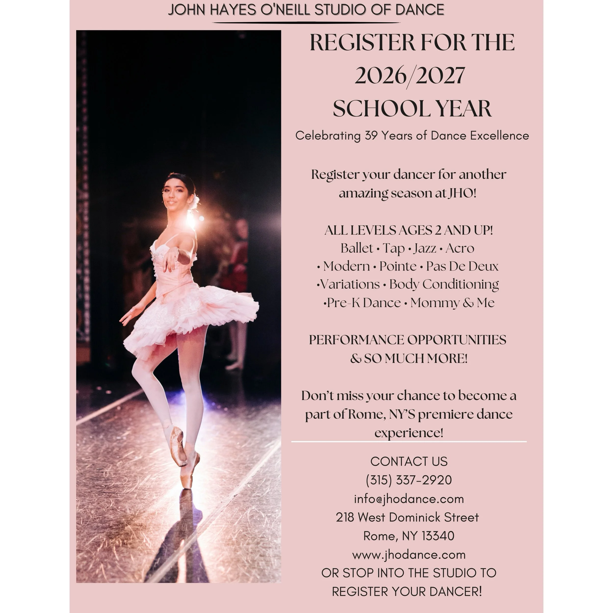 ✨ LAST CHANCE TO REGISTER BEFORE CLASSES BEGIN NEXT WEEK! ✨

🩰 TOMORROW &mdash; Thursday, September 3rd | 5:00&ndash;7:00 PM

Come see us for our final in-person registration before we kick off our 2026&ndash;2027 School Year and celebrate 39 years 
