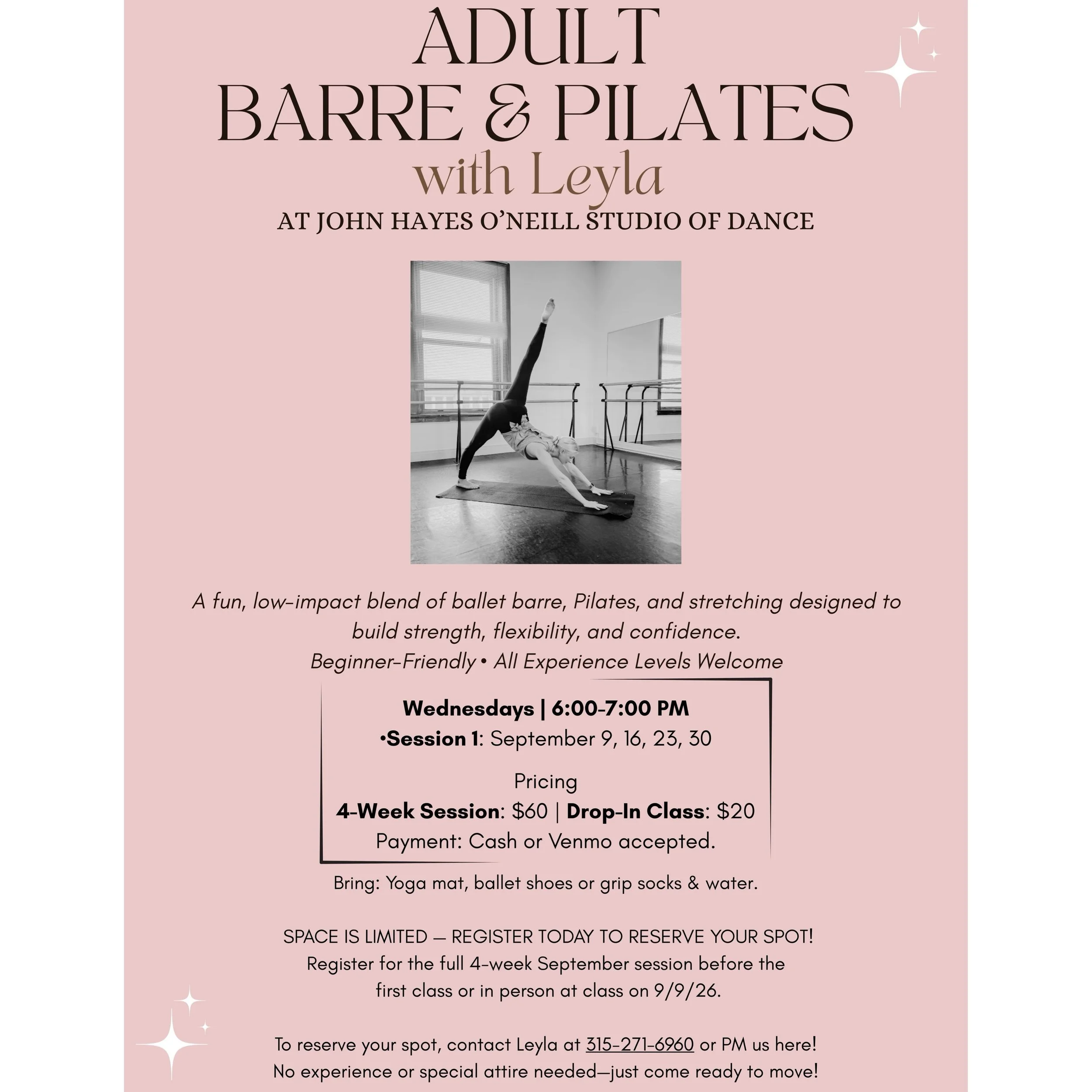 ✨ ADULT BARRE &amp; PILATES IS BACK THIS SEPTEMBER! ✨

Join Leyla at John Hayes O&rsquo;Neill Studio of Dance for a fun, low-impact blend of ballet barre, Pilates &amp; stretching designed to build strength, flexibility and confidence. 🩰🤍

✨ Beginn