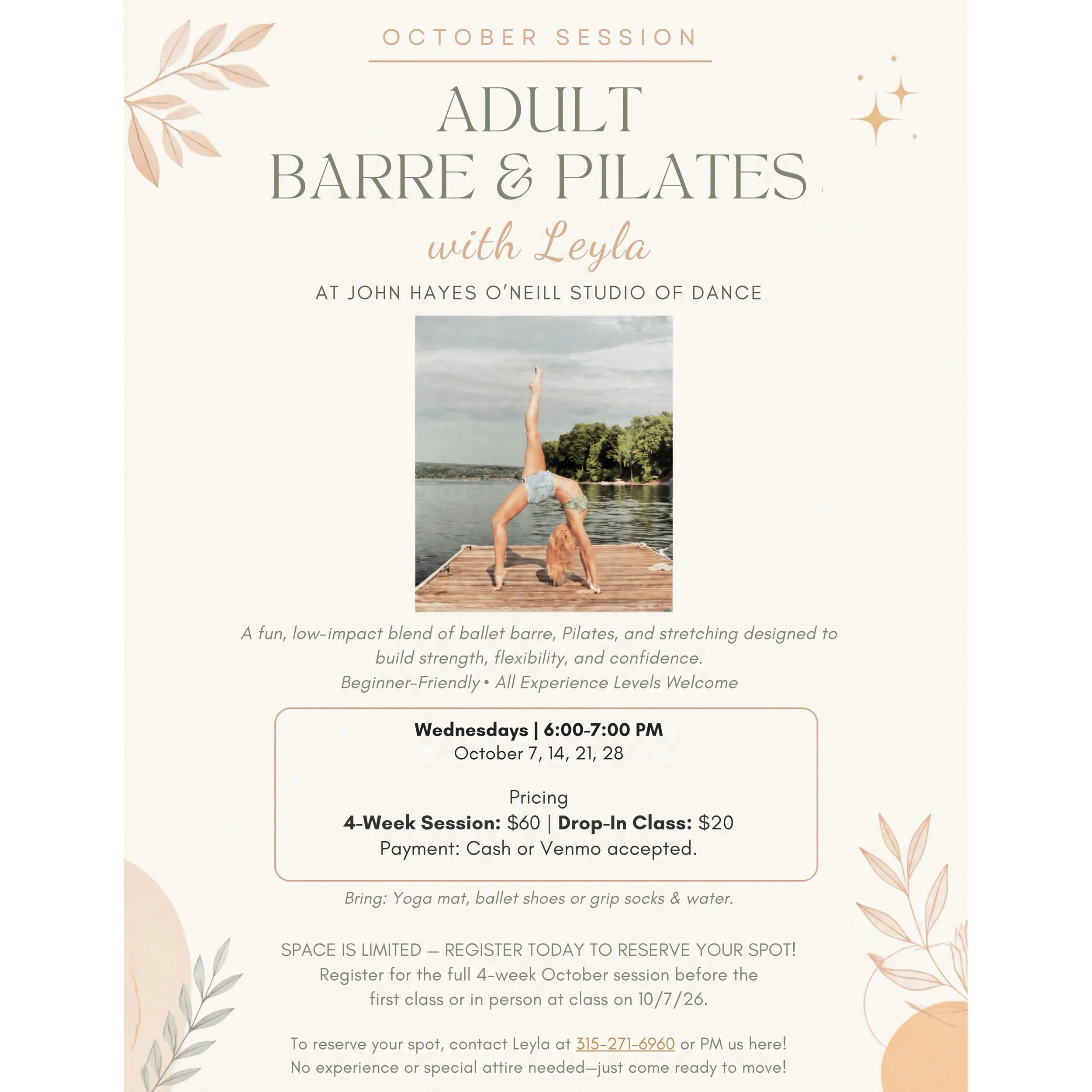 NEW MONTH, LET&rsquo;S MOVE! ✨ OCTOBER ADULT BARRE &amp; PILATES 🩰🤍

Join Leyla at John Hayes O&rsquo;Neill Studio of Dance for a fun, low-impact blend of ballet barre, Pilates &amp; stretching to build strength, flexibility &amp; confidence!

✨ Be