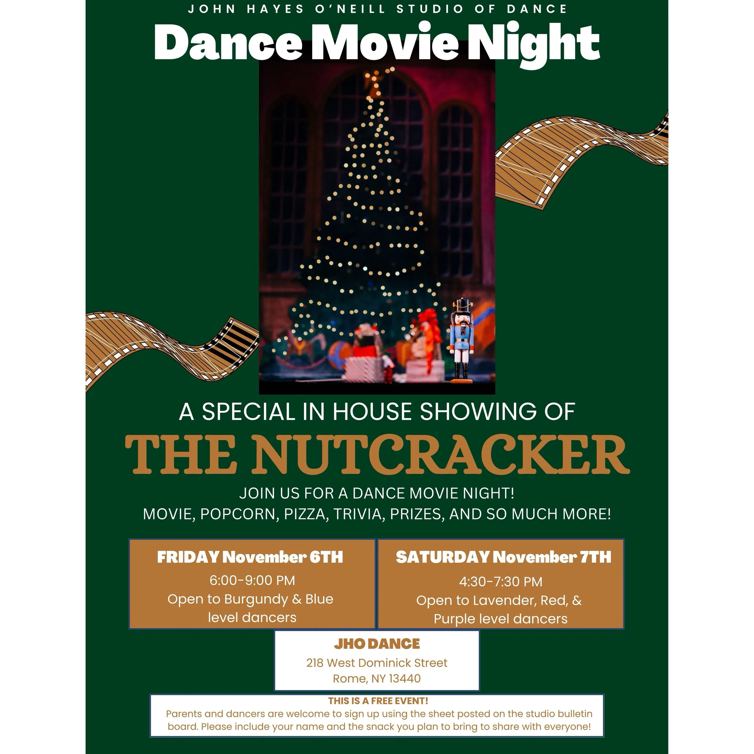 🎬🩰 DANCE MOVIE NIGHT AT JHO! 🍿✨

Join us for a free studio showing of The Nutcracker with pizza, popcorn, drinks, trivia &amp; holiday fun!

📅 Friday, November 6, 2026 | 6&ndash;9 PM
Burgundy &amp; Blue dancers

📅 Saturday, November 7, 2026 | 4: