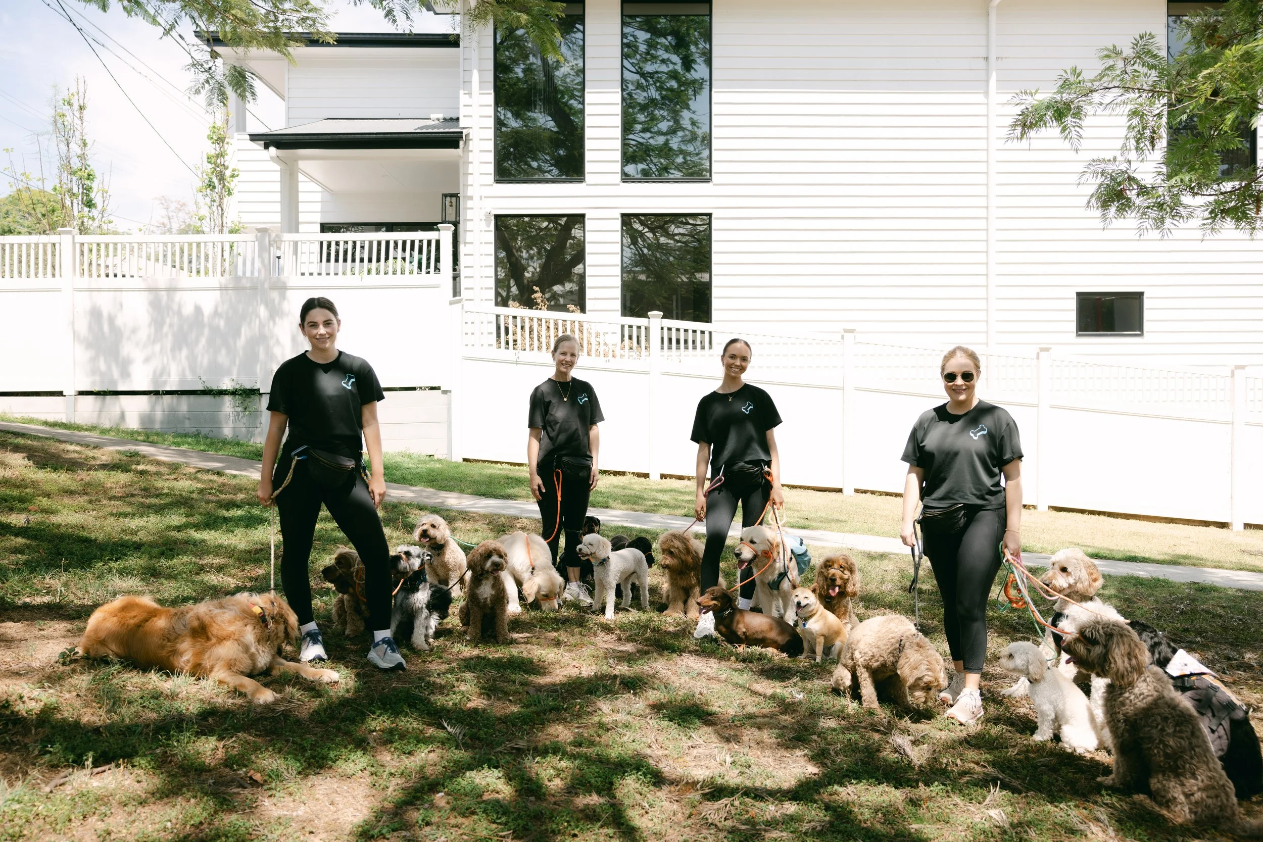 Four women, dressed in black T-shirts with a dog logo, stand outdoors on a grassy area, holding leashes of multiple small, fluffy dogs. There is a white picket fence and a modern white house with large windows and surrounding trees in the background. The women are smiling, and the dogs appear calm and relaxed.