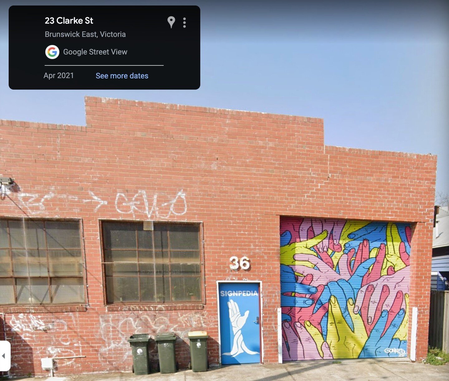 Awesome! 

My mural is now seeable on Google maps! 
Its 36 Clarke St, Brunswick East. 
Commissioned for Signpedia, in 2020.