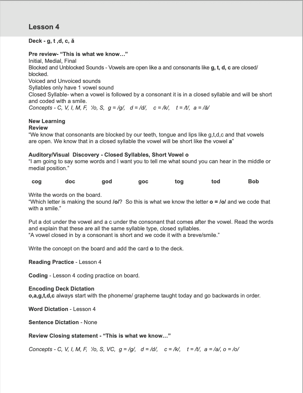 A lesson plan for Lesson 4 on consonant and vowel sounds, including activities on closed syllables, short vowels, and alphabet recognition.