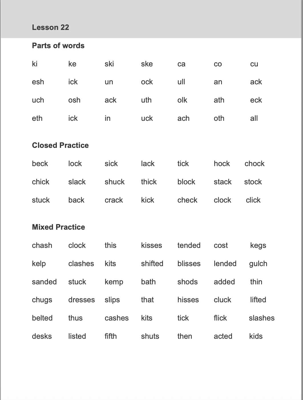 Page from a learning material titled 'Lesson 22,' focusing on parts of words, closed practice, and mixed practice, with lists of words and practice exercises.