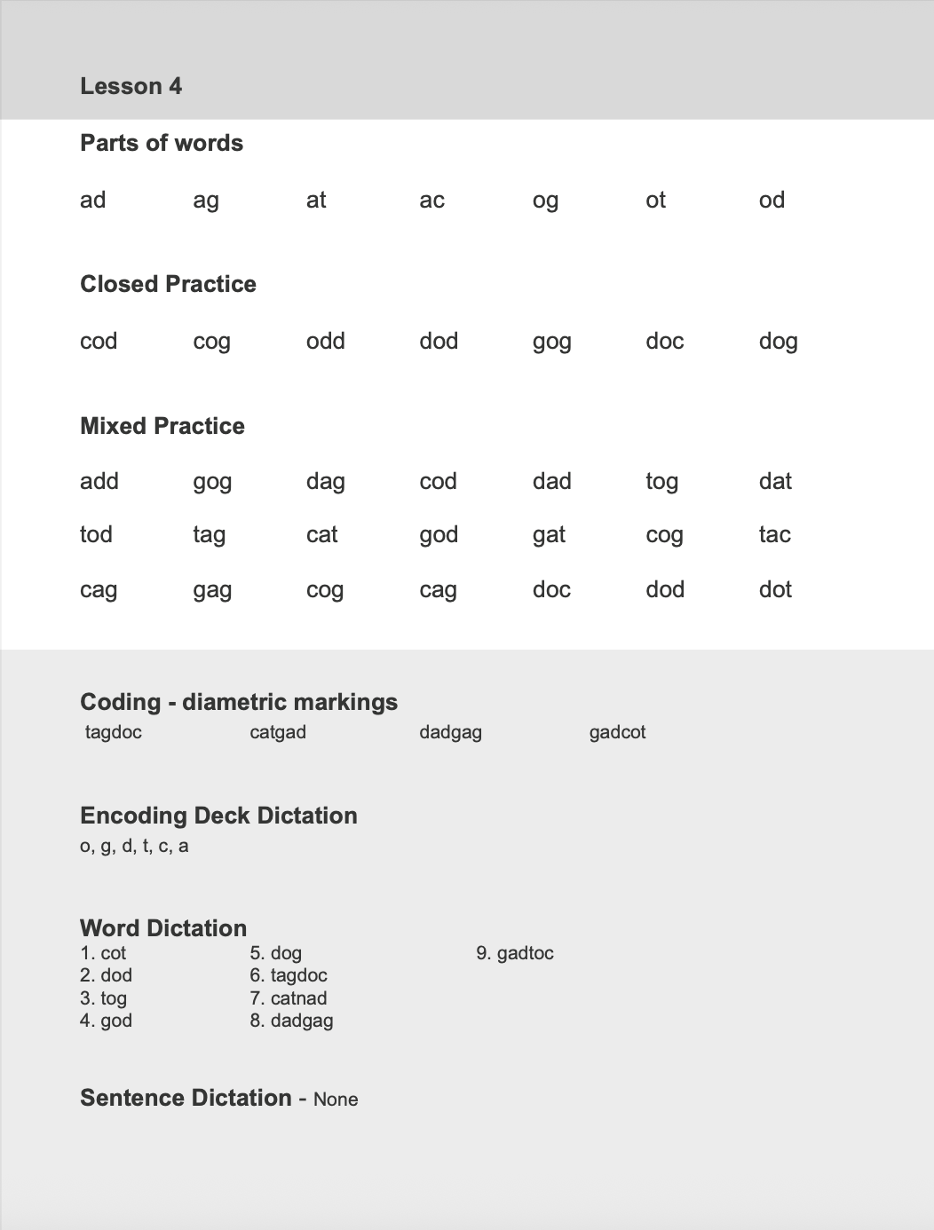 Educational worksheet about parts of words, practice exercises for adding, closed, mixed practice, coding with diametric markings, and word dictation, on a light gray background.