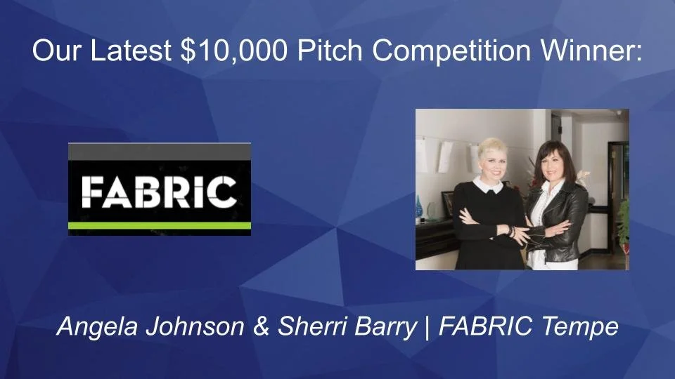 Announcement card: Angela Johnson and Sherri Barry of FABRIC Tempe, winners of a $10,000 Retailers United pitch competition grant