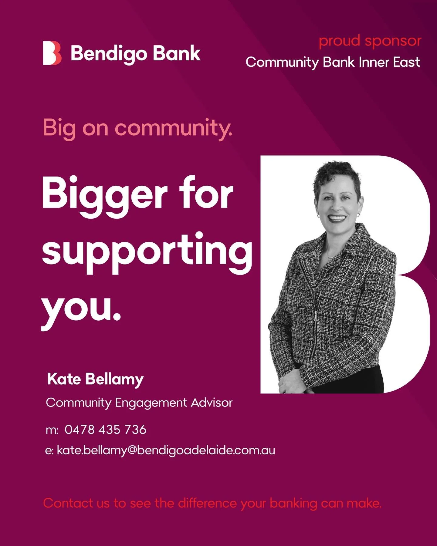 Banking with Community Bank Inner East means giving back! Their profit-sharing model directly supports groups/clubs/organisations&nbsp;like ours.&nbsp;
&nbsp;
Big thanks to Community Bank Inner East for your ongoing sponsorship. 🩷🙏 #bendigobank #co