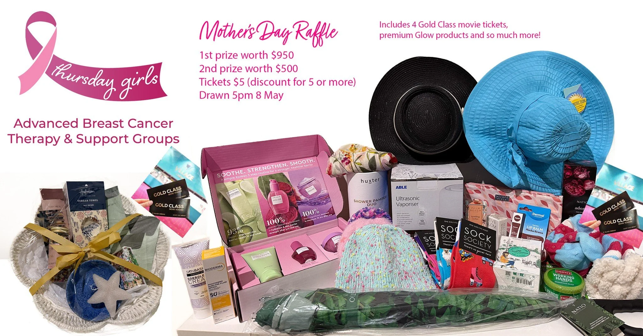 We are excited to launch our Mother's Day fundraising raffle for 2026. Thanks to some generous donors, we have amassed two amazing hampers of goodies, both of which include 4 Gold Class tickets and a Glow products gift box worth $172 of value.

The r