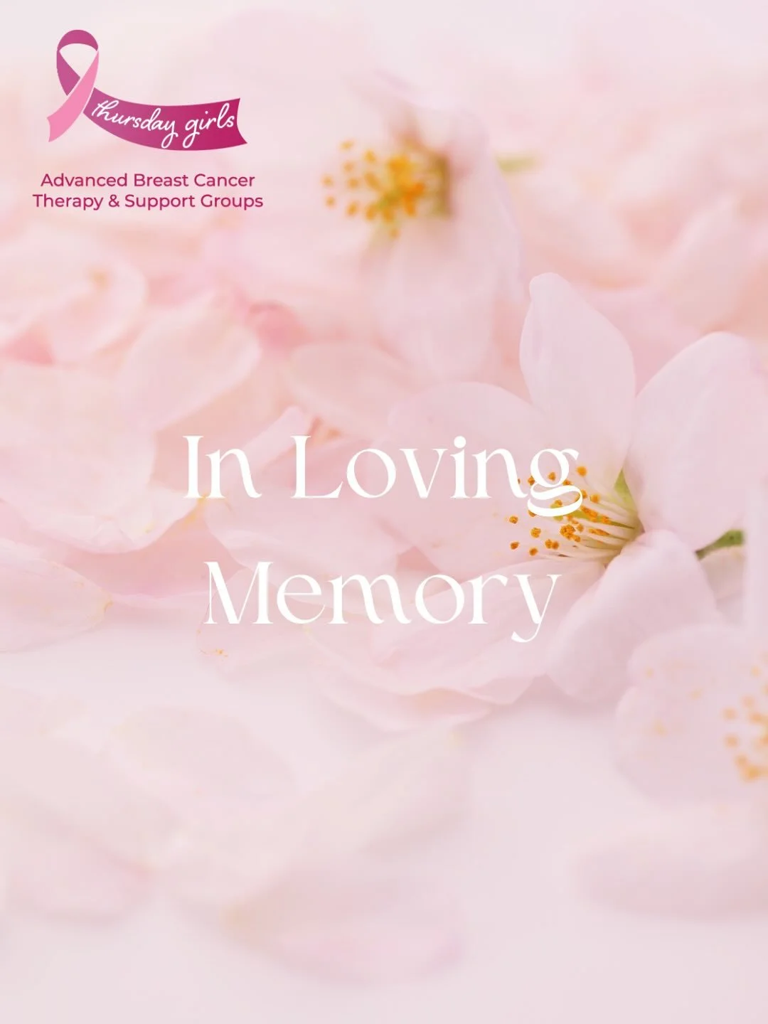 We hold close the beautiful memories of three cherished members of our Thursday Girls family.

We remember Martie (May 2023), Gay (May 2020) and Cheryl (May 2023).

Three beautiful women whose warmth and gentle strength enriched the lives of everyone
