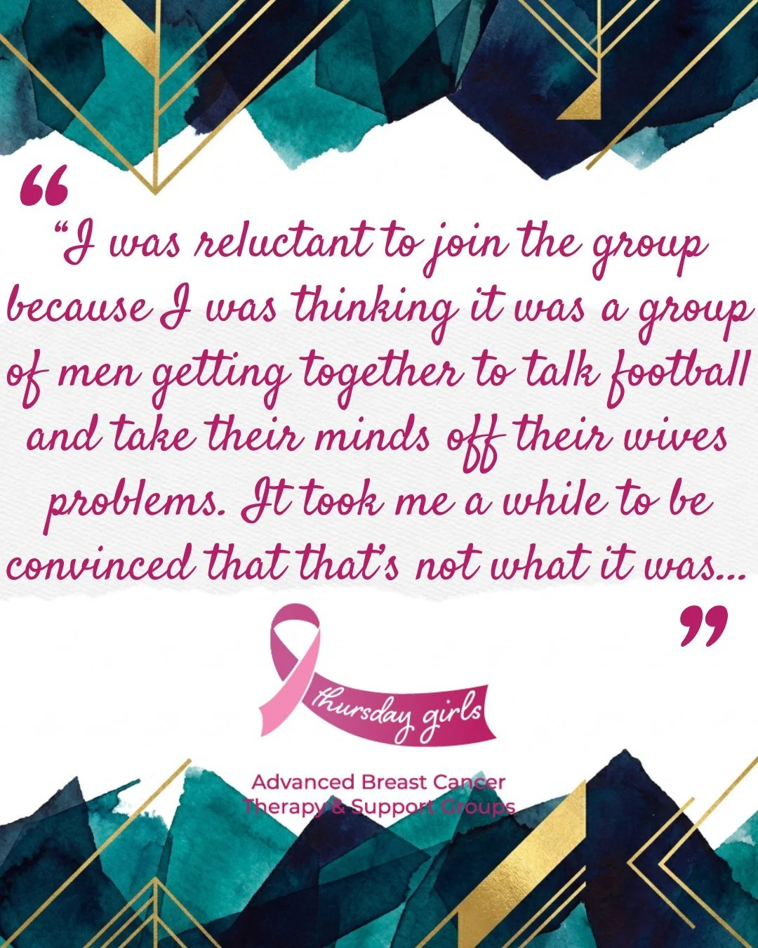 Alongside our free, weekly, professionally-led group counselling for women with metastatic breast cancer, we also support their partners with a similar model. 

When supporting their loved one who is facing an incurable diagnosis, it can be difficult