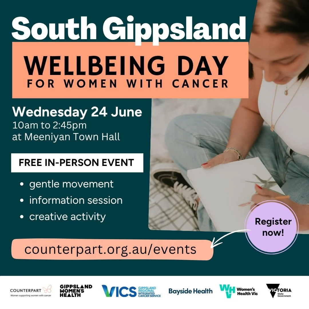 We encourage our members and other women in the South Gippsland area who have had a cancer diagnosis to consider attending this Counterpart Wellbeing Day.

We have attended many of these days all over Victoria and have found it to be a wonderful spac