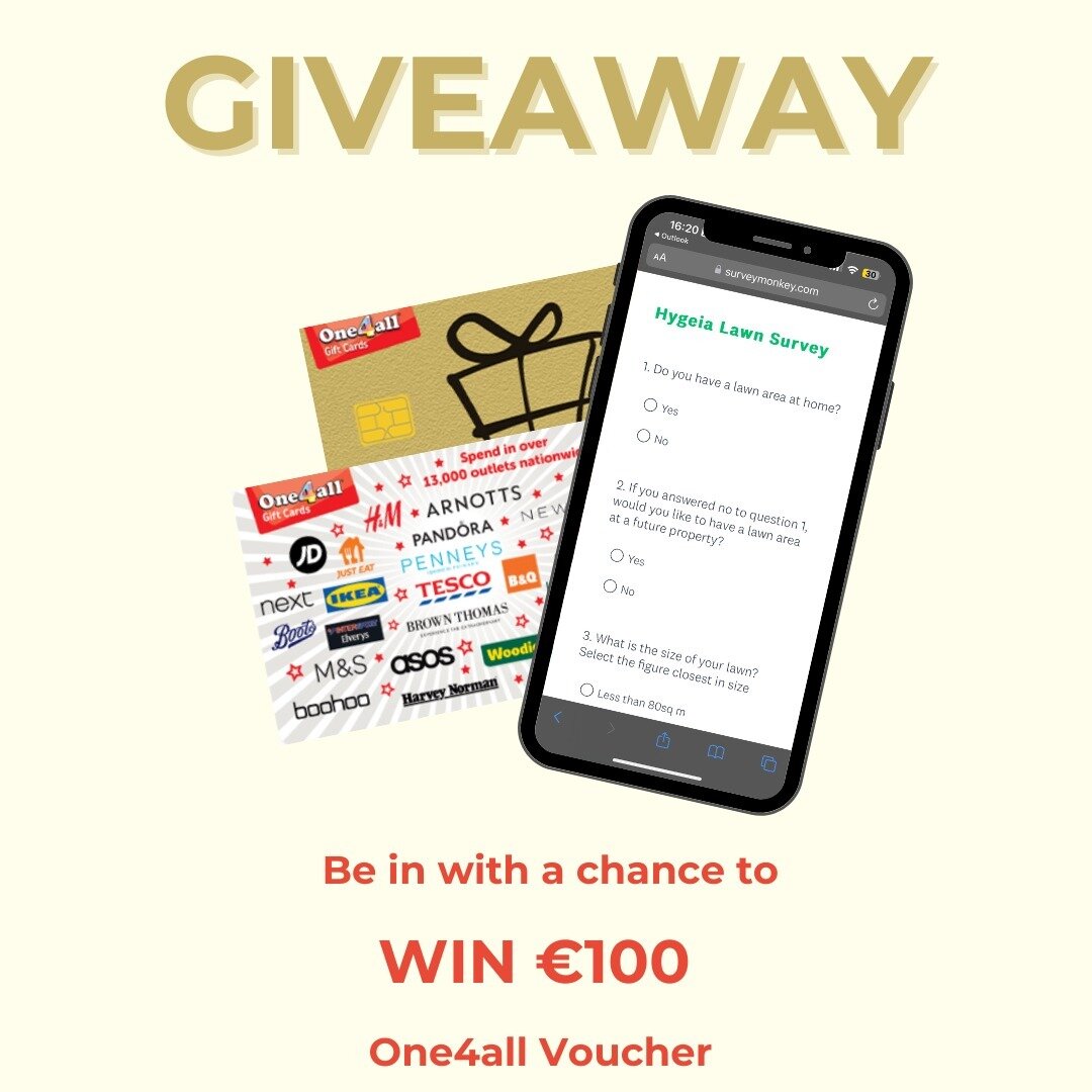 ✨GIVEAWAY TIME✨

Be in with the chance to WIN a &euro;100 ONE-4-ALL Voucher🎉🎉

We're interested in learning all about your lawn care habits 🌱! 

To enter:
1️⃣ Fill out our Lawn Care survey in our Bio
2️⃣ Like this post &amp; follow @hygeia_group 
