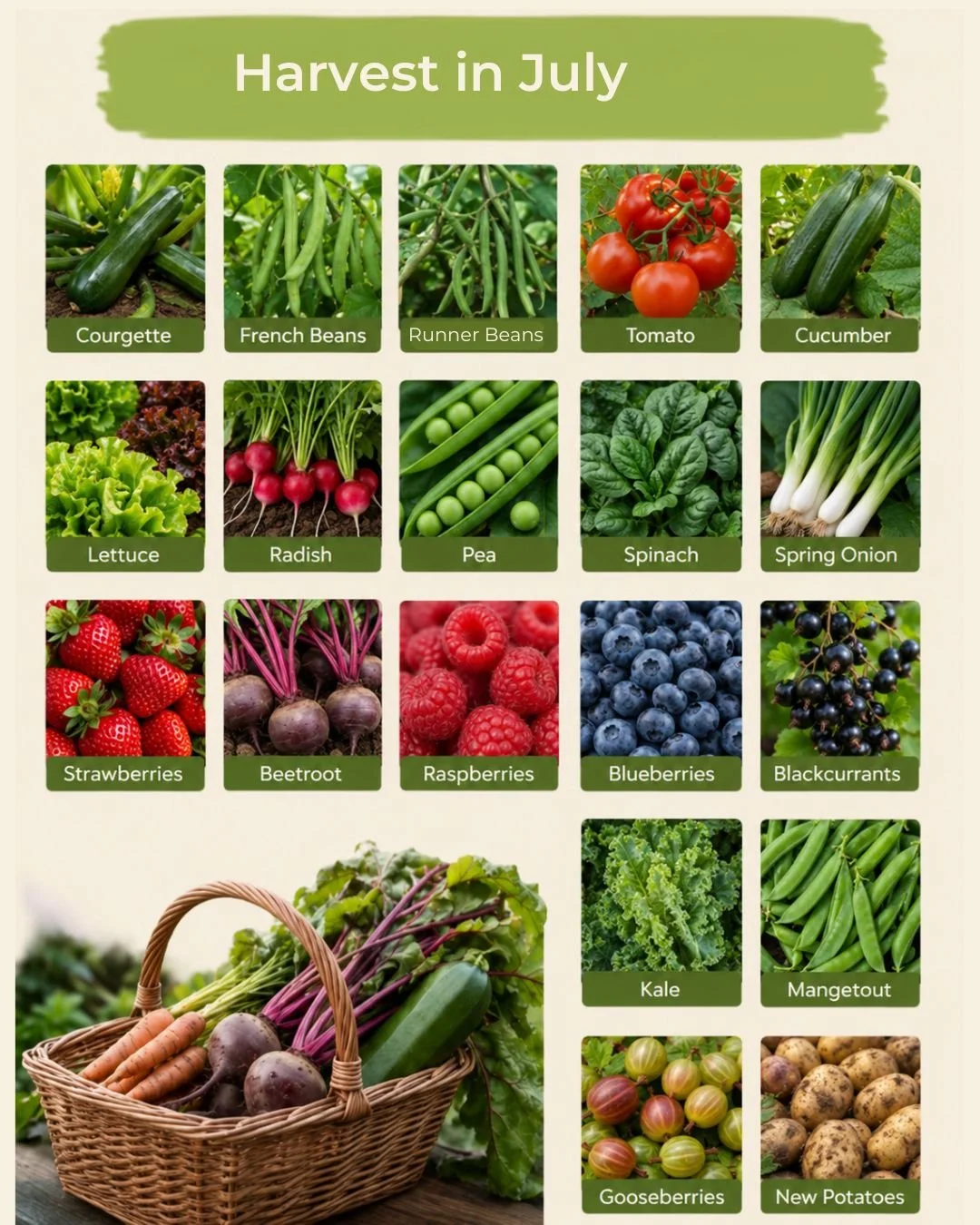 🌱 July is one of the most rewarding months in the garden! 🍓🥕 From juicy berries to fresh vegetables, there&rsquo;s plenty ready to harvest. Pick courgettes little and often, enjoy homegrown peas, beans, potatoes, lettuce, beetroot, carrots, onions