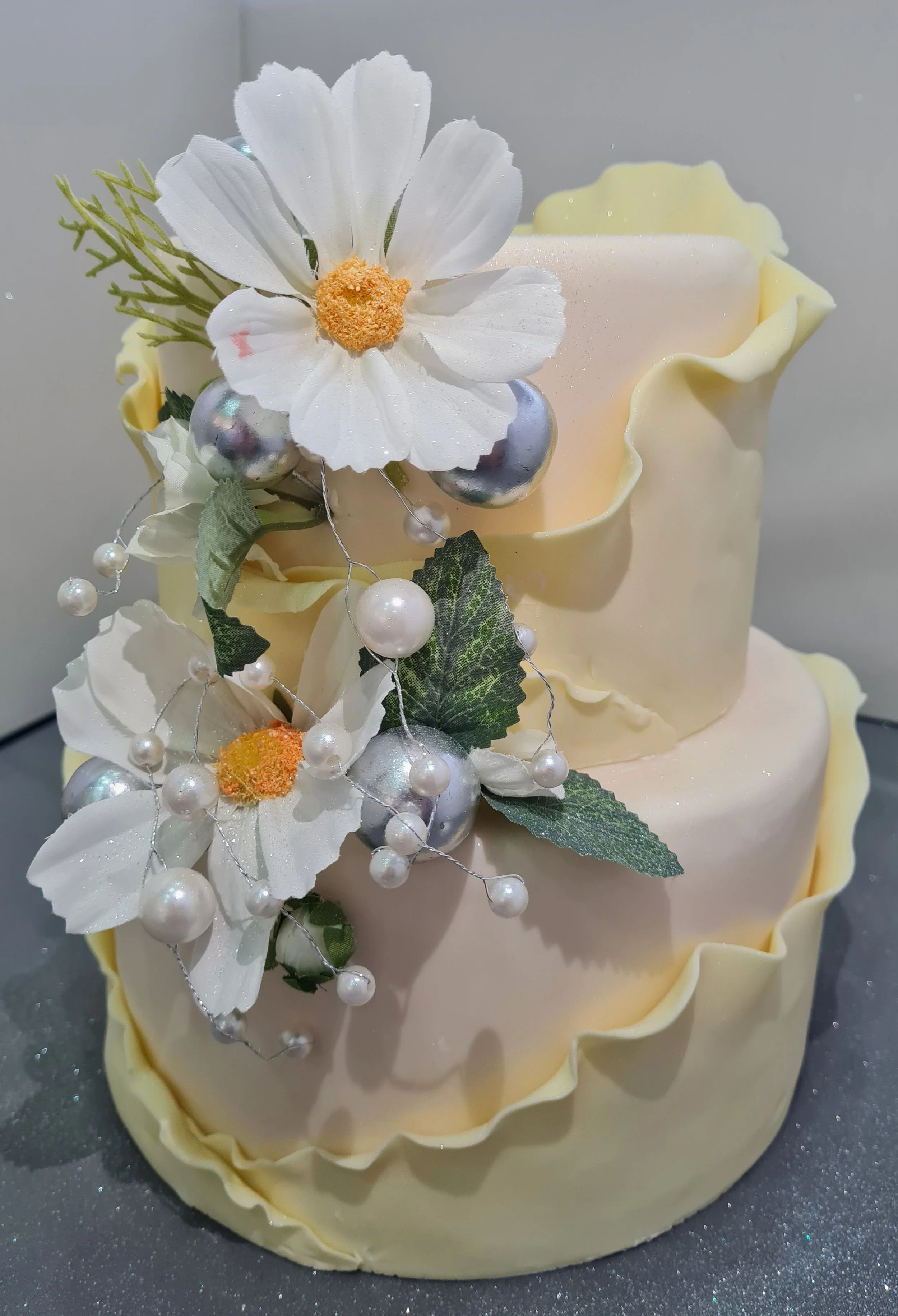 599a Lemon Ruffle with Cosmos and Pearls