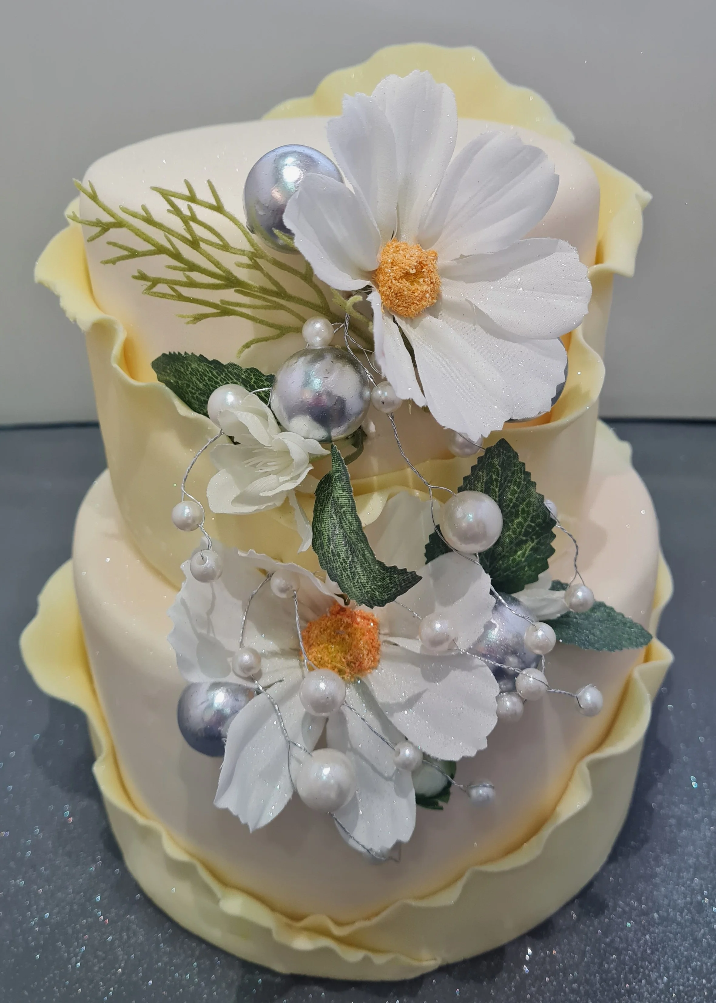599 Lemon Ruffle with Cosmos and Pearls