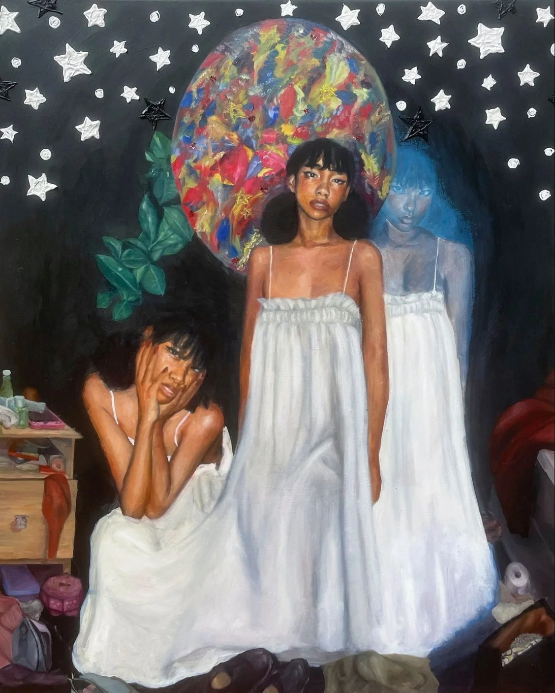 This oil painting comprises three self-portraits, each representing a distinct facet of adolescence: the anguish of losing connection with childhood, the weary weight of the present, and the anxiety of an uncertain future. The composition is threaded