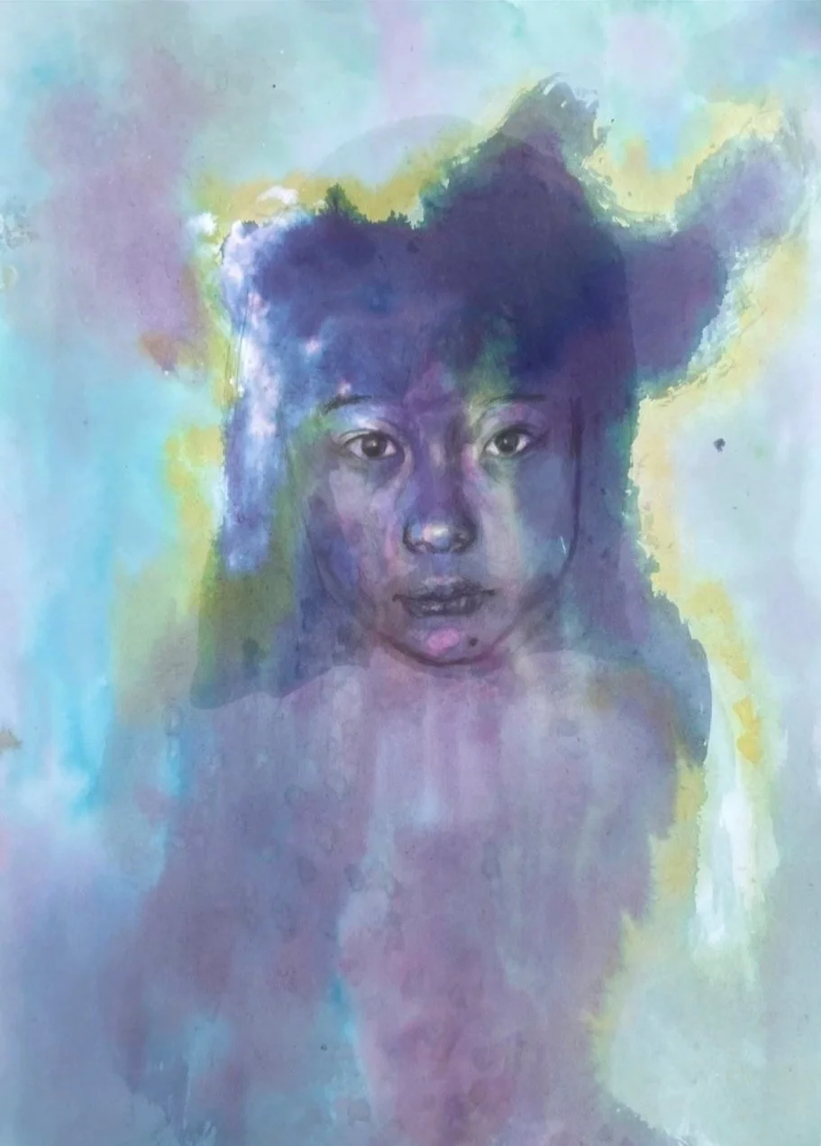 In this piece, the delicate balance between harmonious colours and their complementary opposites are depicted as the artist works intuitively with ink, bleach, and oil paint to create a richly layered composition. Once again, she seeks to evoke a sen