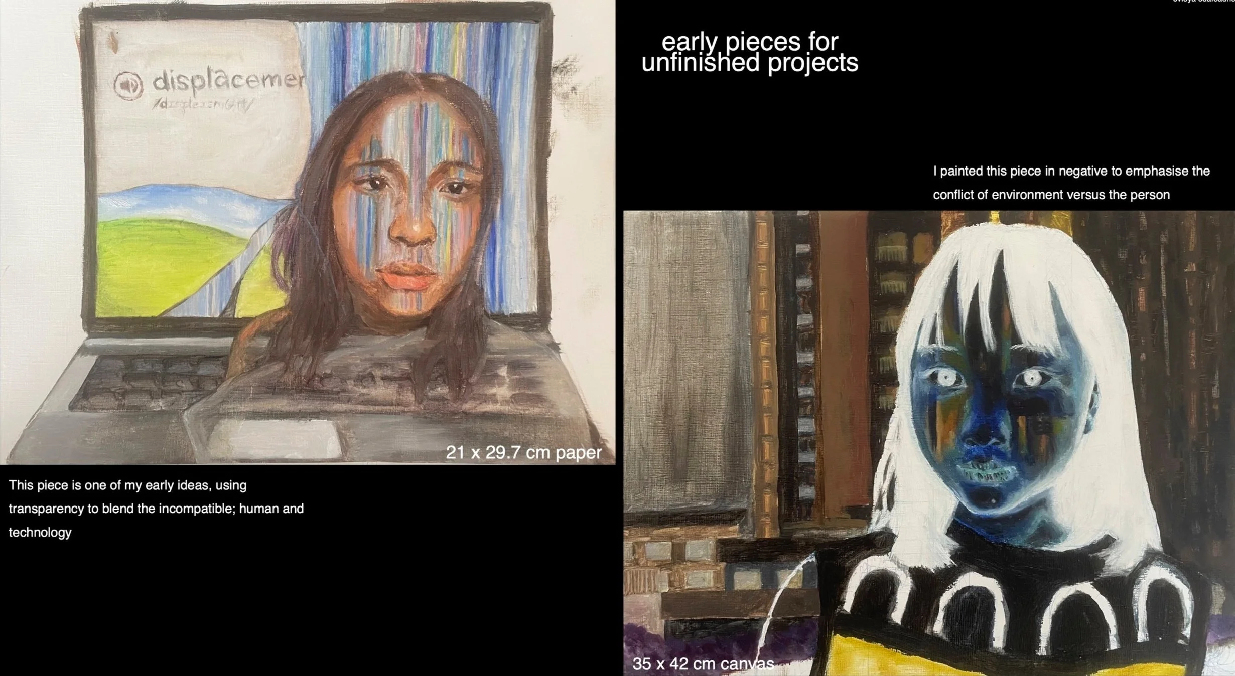 The piece on the left is easiest seen through the ‘negative’ filter of the iPhone, hence the title ‘Made in California’. Ergo, this piece is, again, entrenched in identity and nationality where the figure, born in an environment of superfluous techno