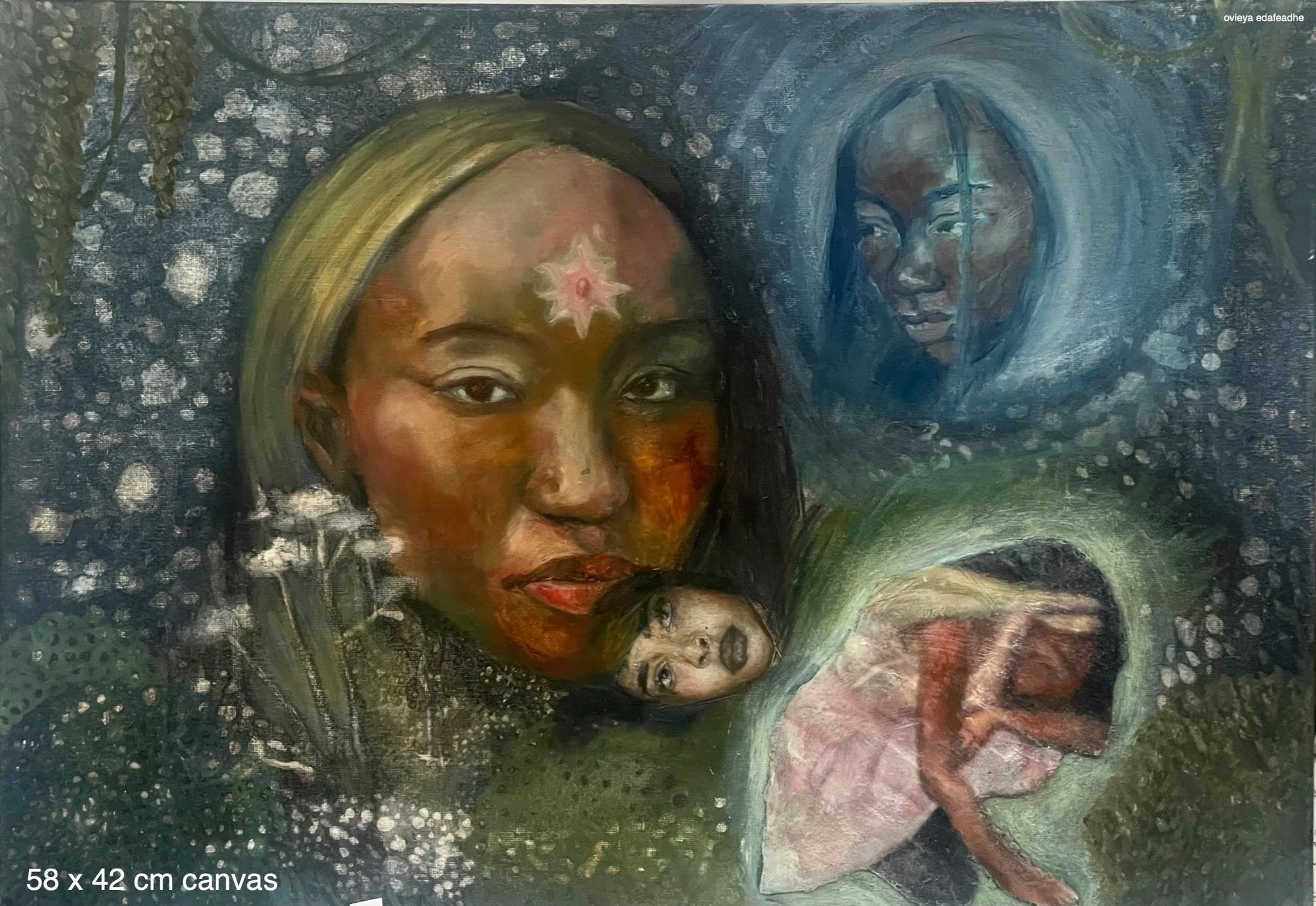 This piece unfolds a fantastical, dreamlike composition that foregrounds the figure’s sense of alienation and displacement from reality. Cast into the realm of imagination, the luminous figure in the bottom right is crafted from wax-dipped linen and 
