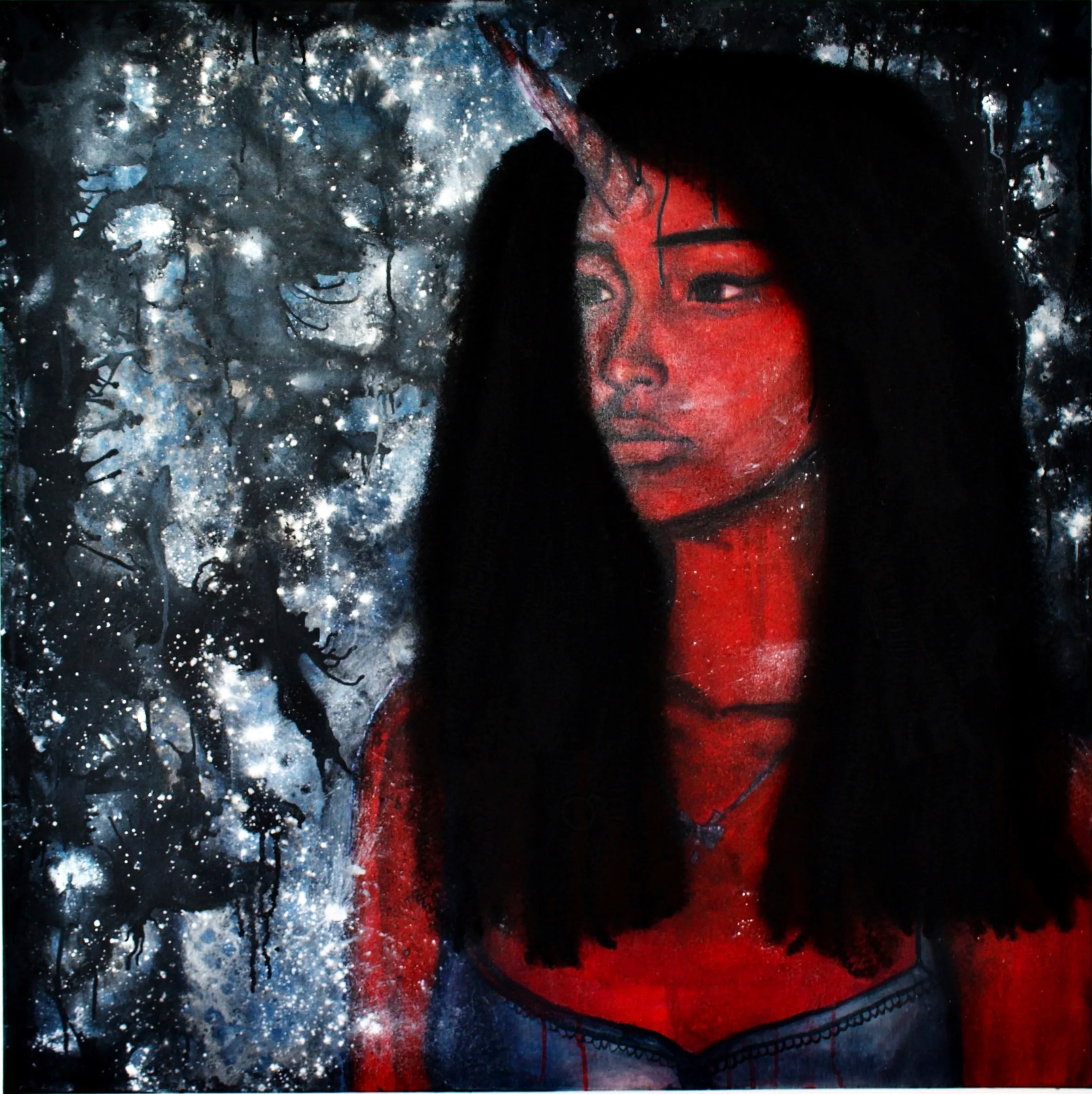 Equestrian Girl #4, 2026
Acrylic, ink, bleach, mica, kanekalon and oil on canvas
100cm x 100cm