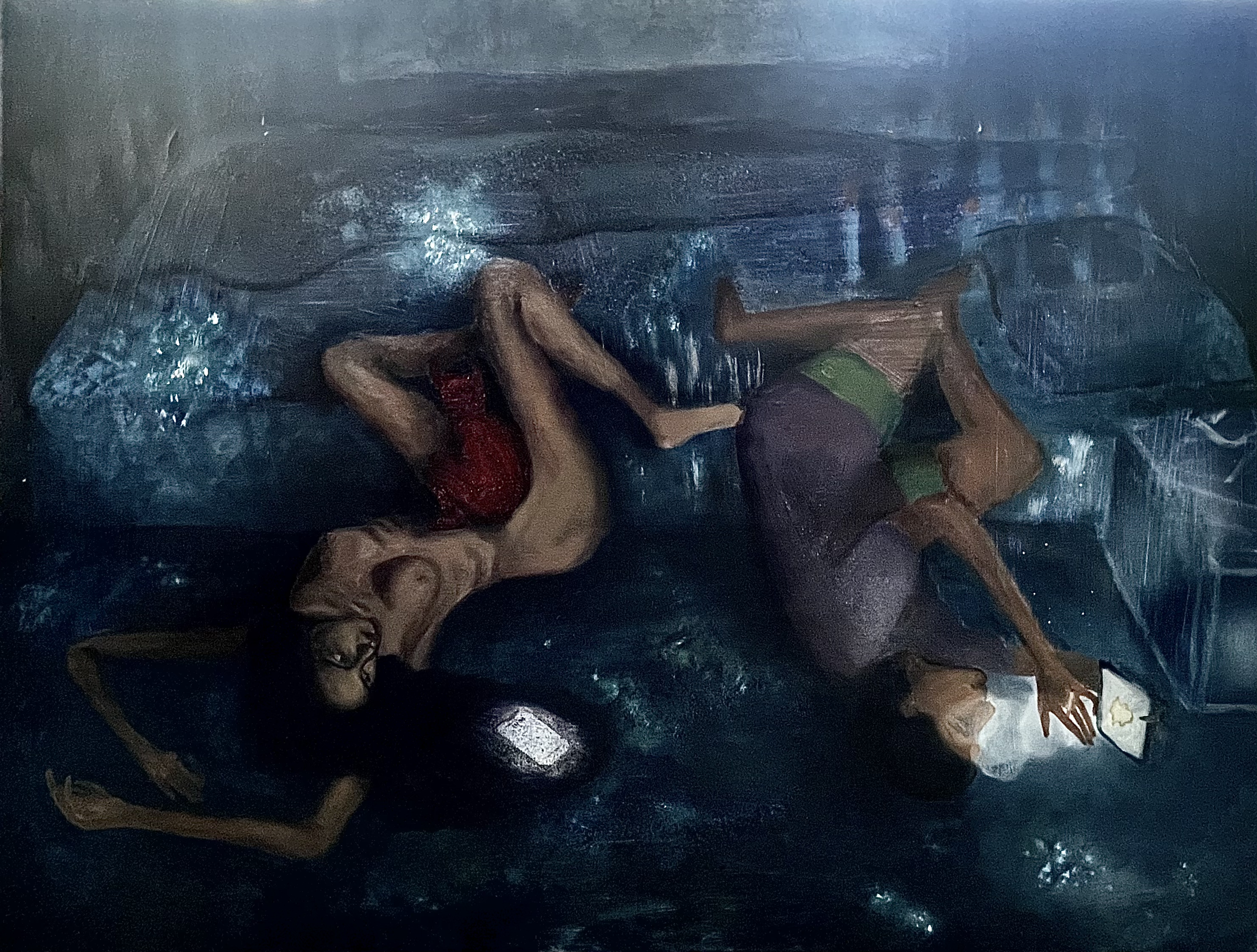 This painting shows more hesitancy and tension in this intimate scene, where the two figures lie distant and emotionally estranged. The main character is aching and waiting, somewhat bored and simultaneously on the same ground as her lover. Through i