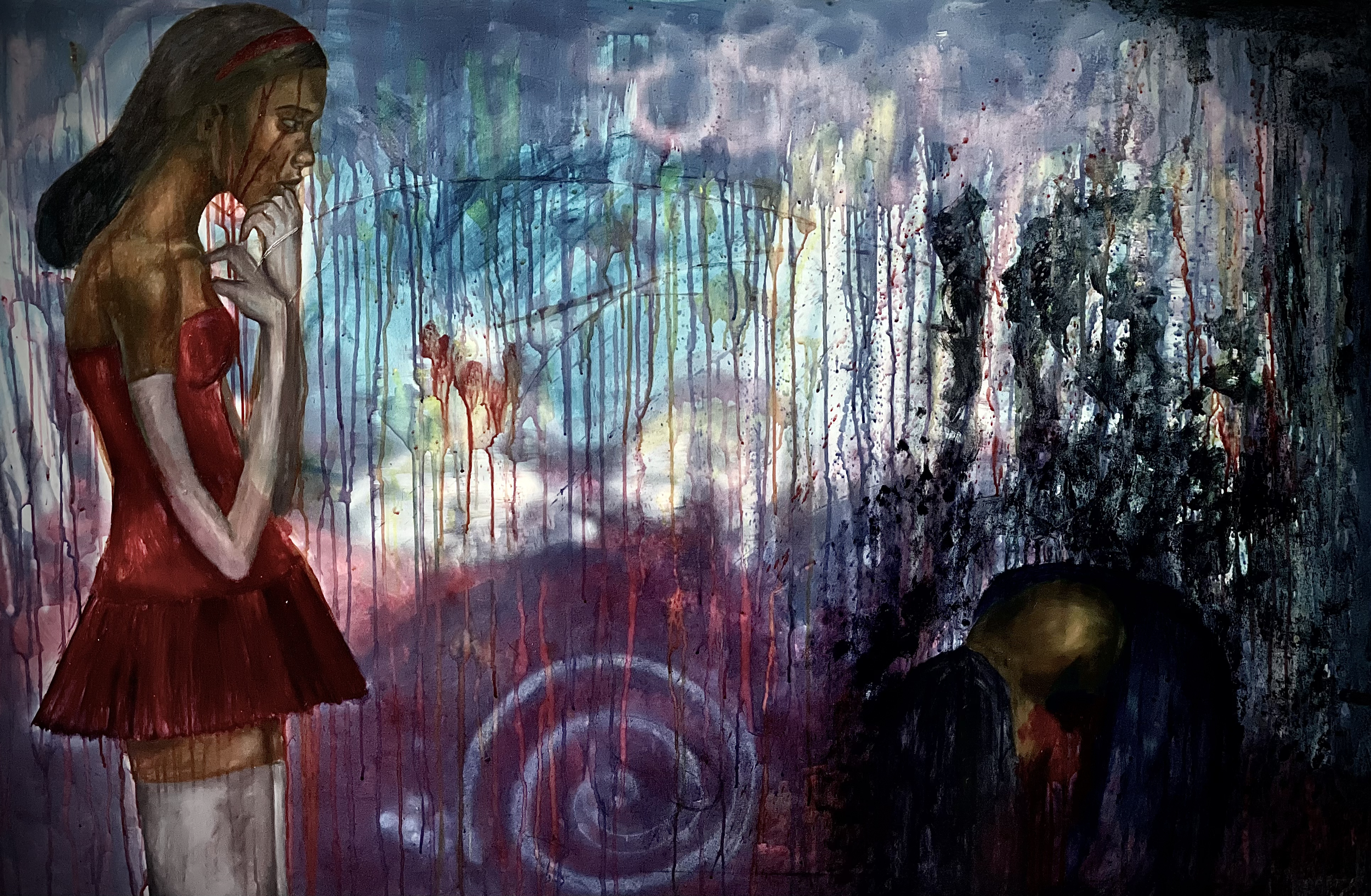 This painting, by far the largest of the series, is a harrowing scene of revelation and collapse where our main girl looks out just over the body of the lover she murdered. Her halloween costume is that of the character Rumi from Satoshi Kon’s ‘Perfe