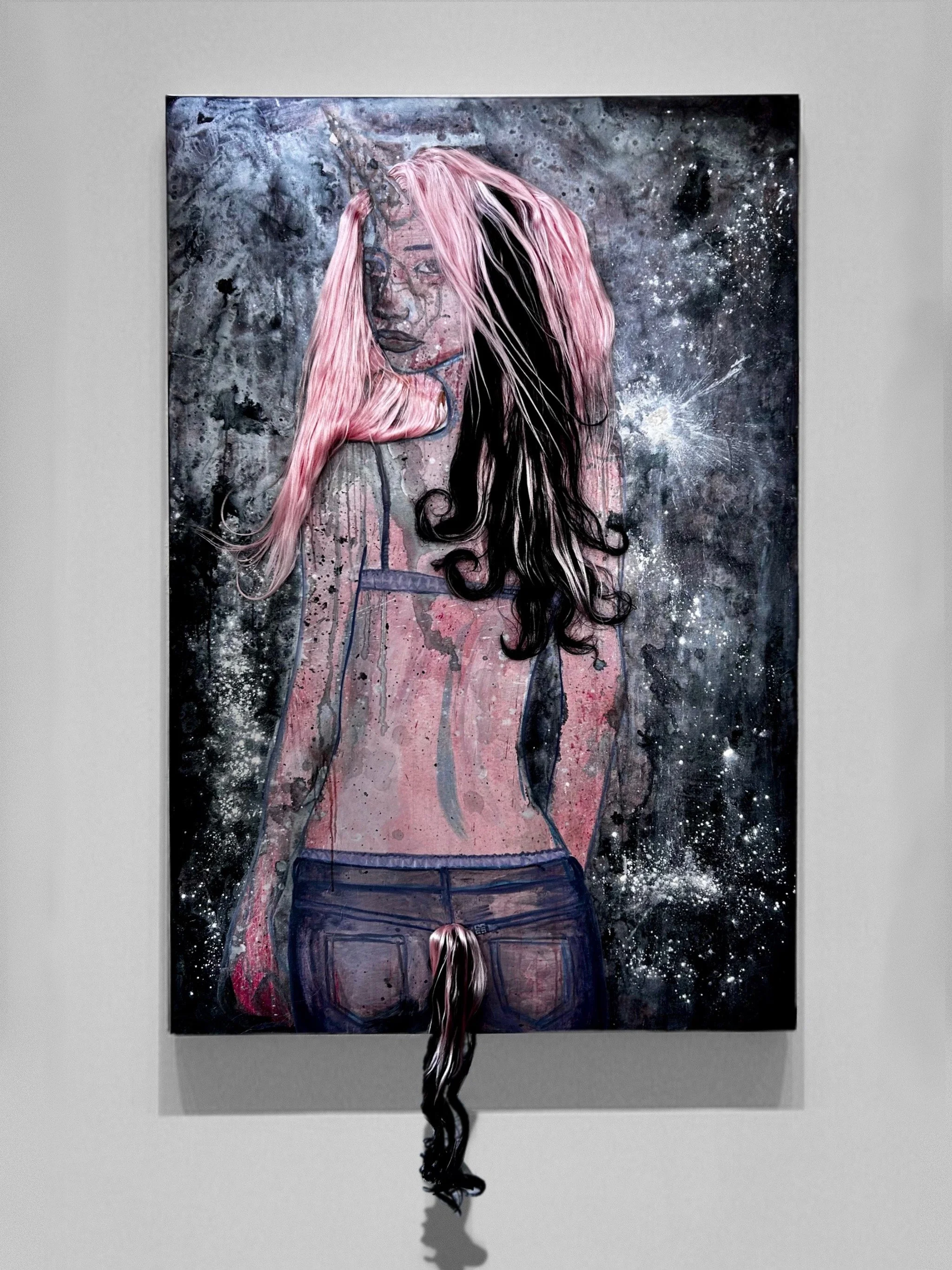 Equestrian Girl, 2025
Ink, bleach, mica, kanekalon and oil on canvas
diptych, 300cm x 100cm (total)
150 cm x 100 cm (each)