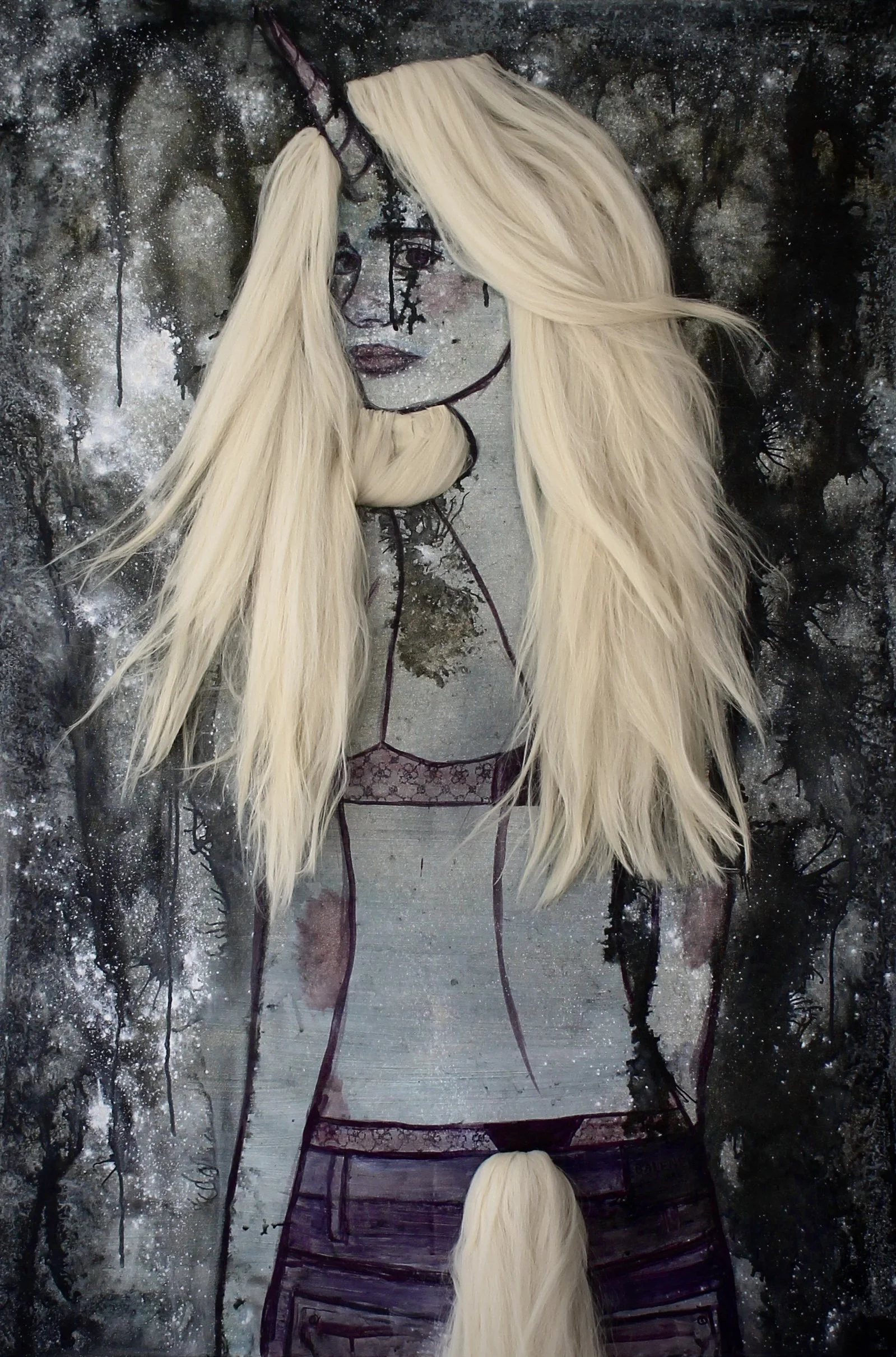 Equestrian Girl #3, 2026
Acrylic, ink, bleach, mica, kanekalon and oil on canvas
diptych, 300cm x 100cm (total)
150cm x 100cm (each)