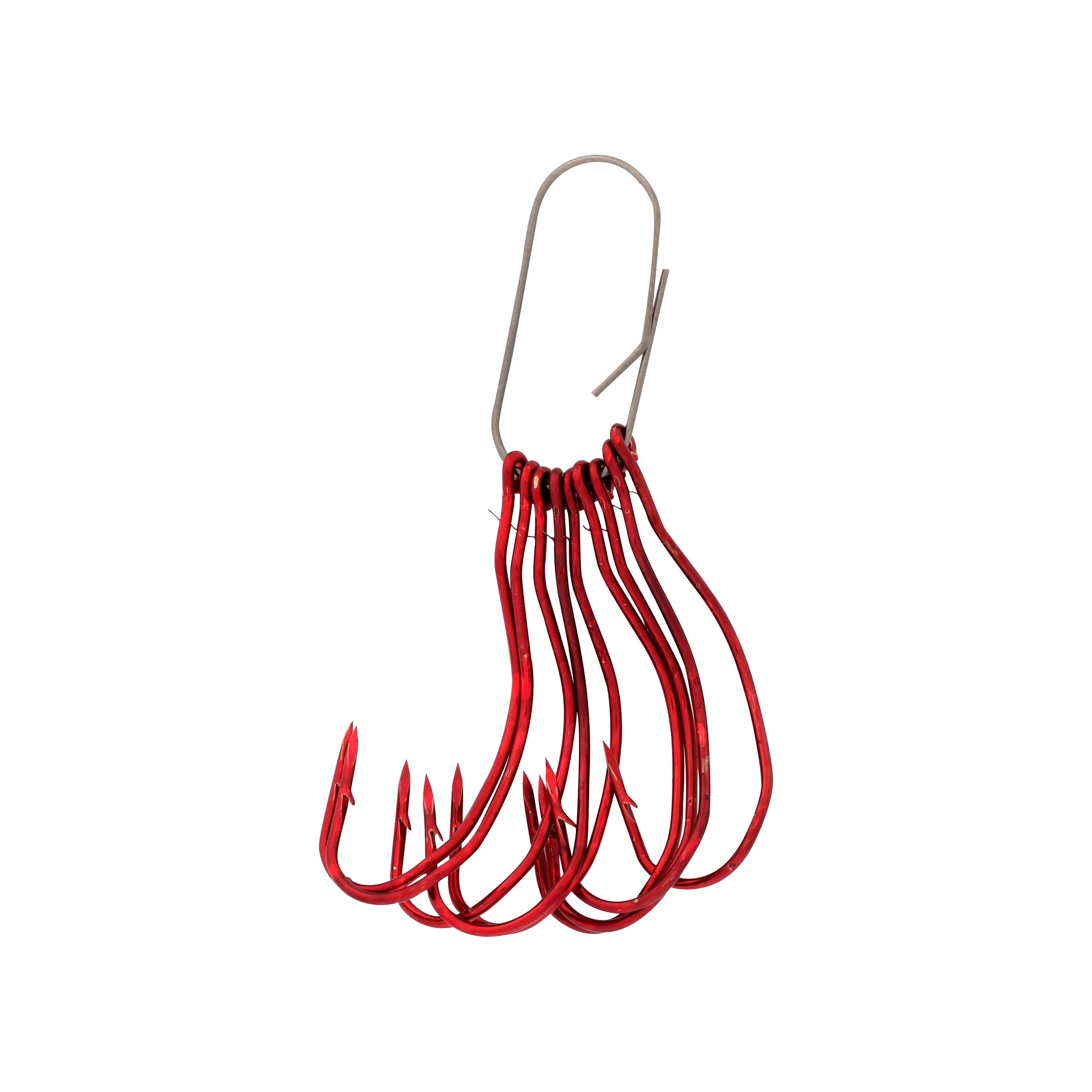 Red fishing hooks on a metal clip
