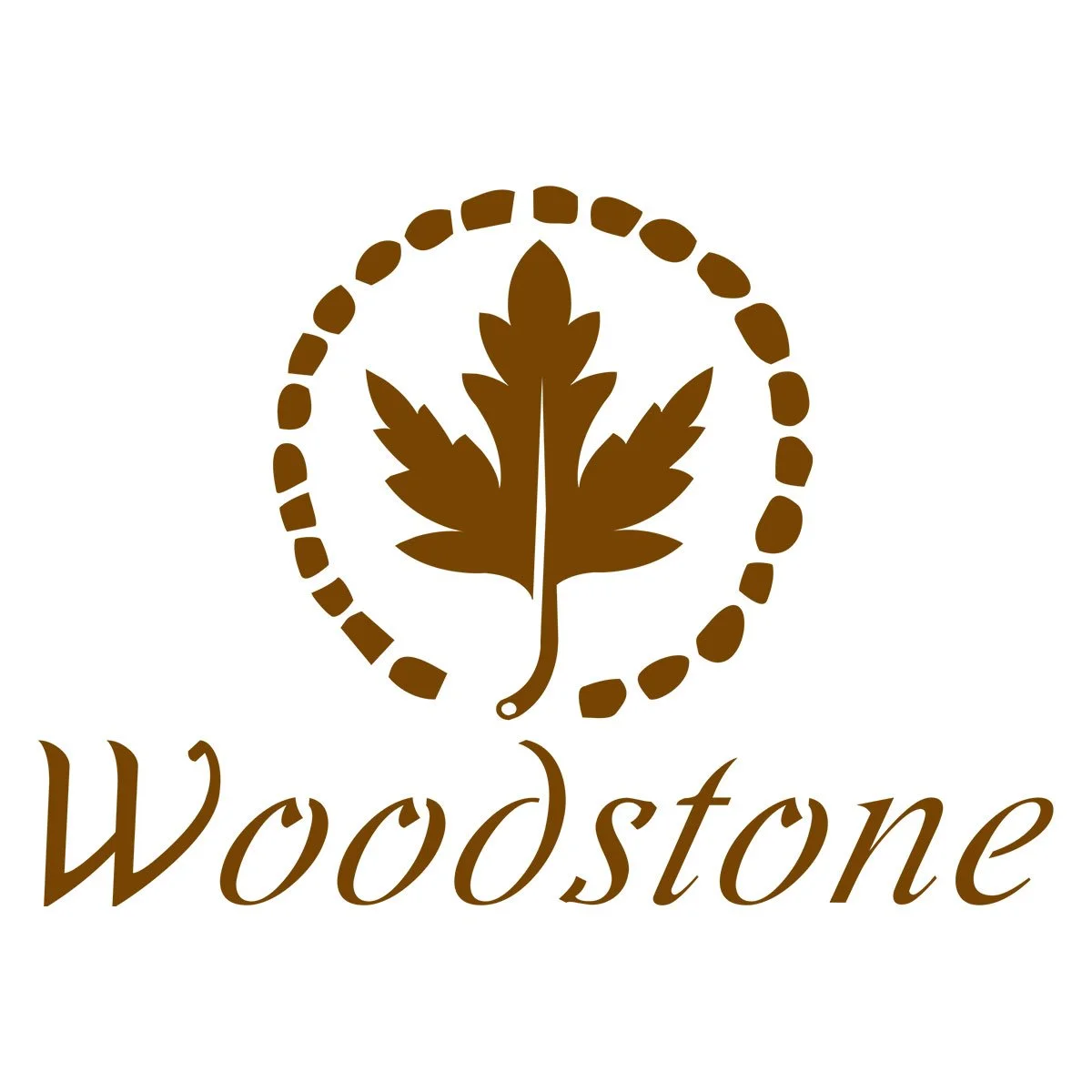Logo with a stylized brown leaf surrounded by a dotted circle and the text "Woodstone" underneath.