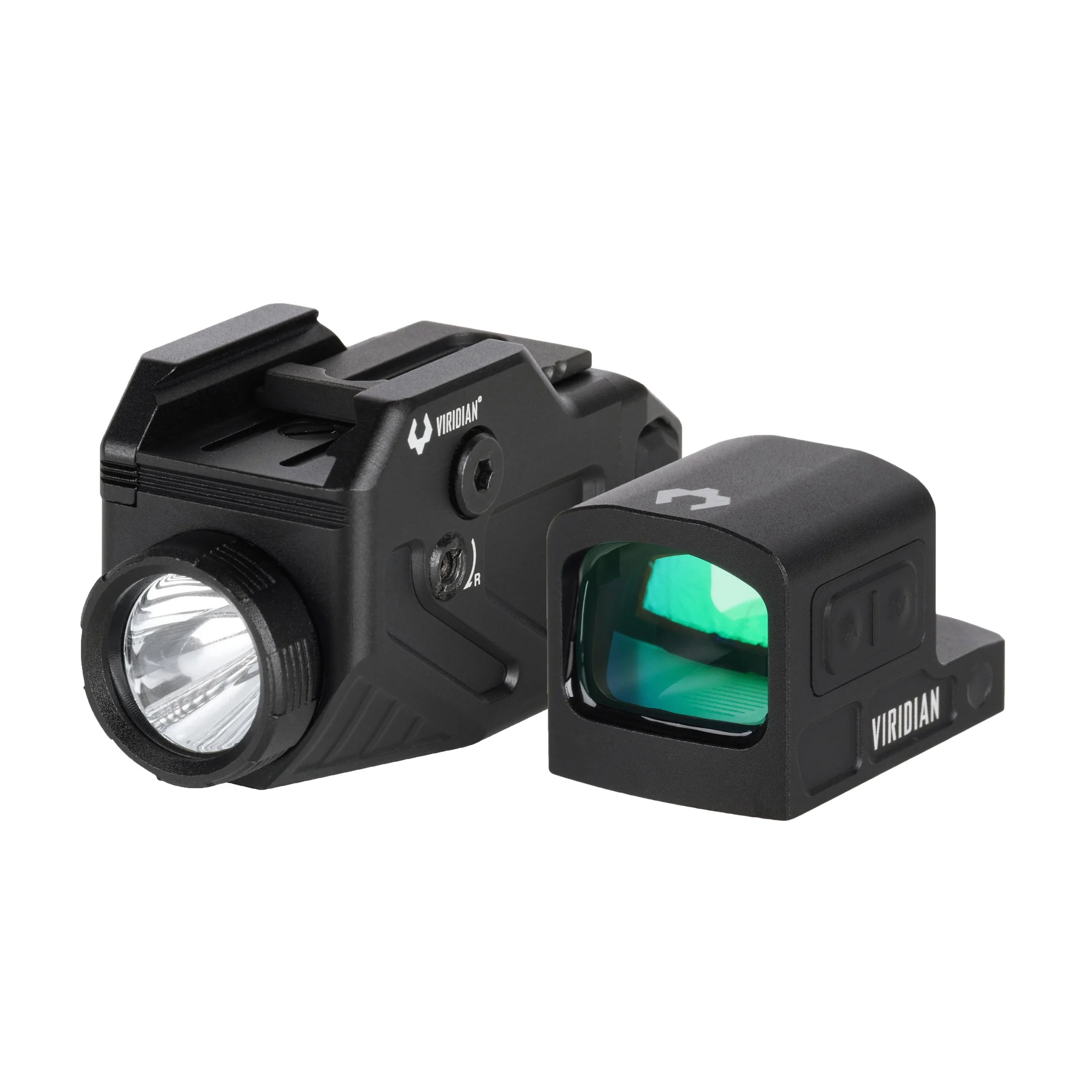 Tactical flashlight and red dot sight by Viridian on a white background