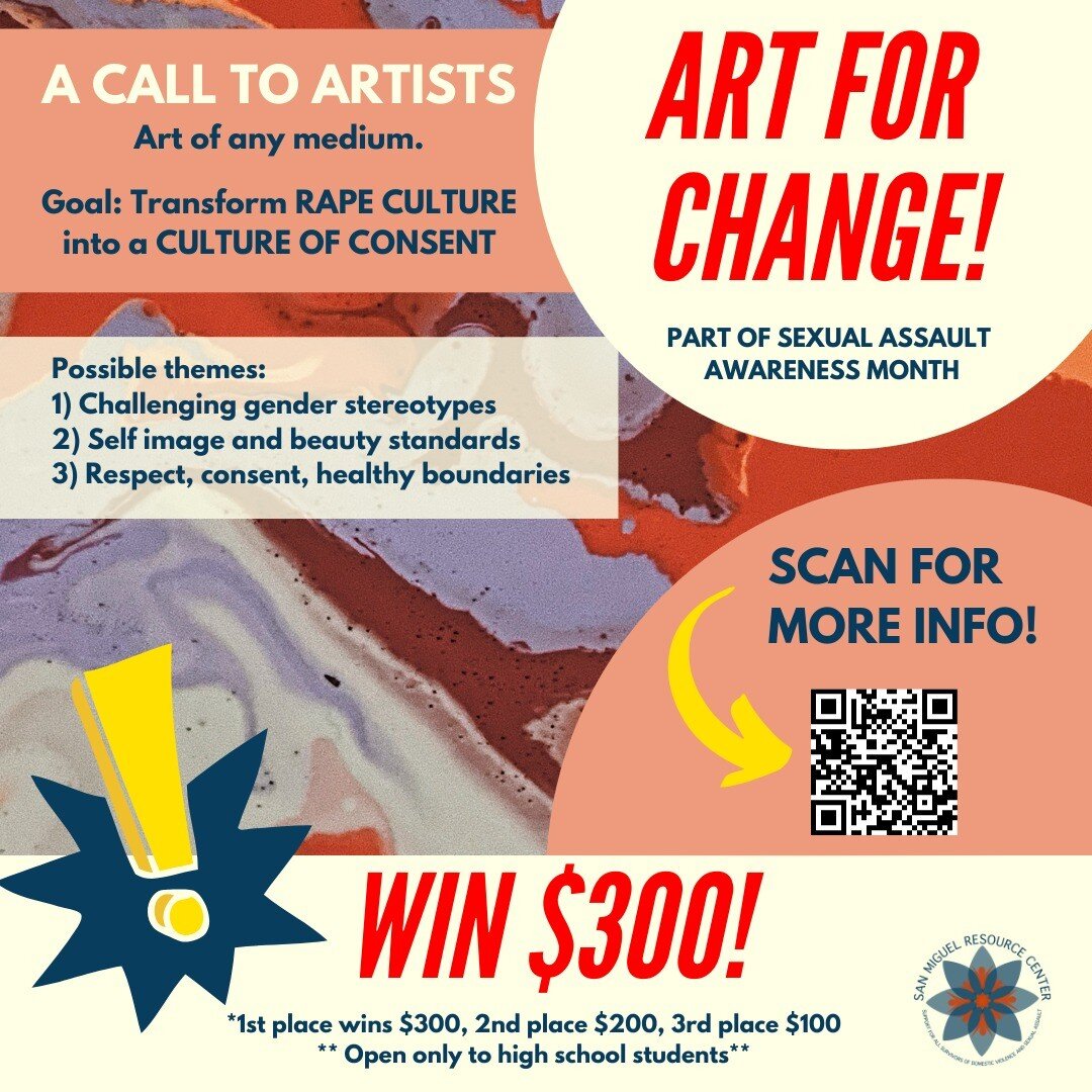 Do you know any artistic teens? Help us spread the word about our art contest for Sexual Assault Awareness Month! Deadline is Friday, May 27th. More details at the link in our bio 🎨🎵✏🎭
#sexualassaultawarenessmonth #youth #art