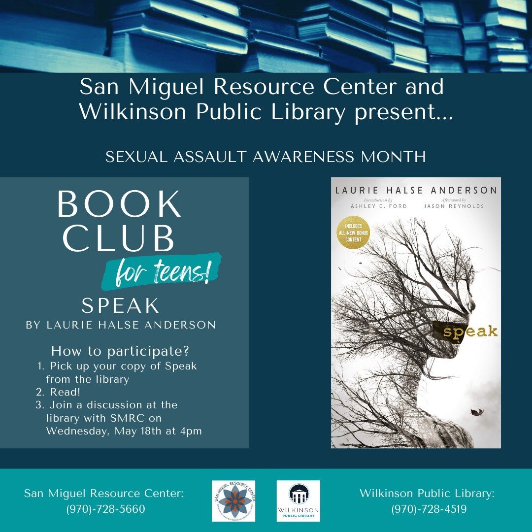 Still time left to join! Middle &amp; high schoolers: Join us @telluridelibrary this Wednesday, May 18th @ 4 pm
for our latest book club, part of Sexual Assault Awareness Month! This month we are discussing Speak by Laurie Halse Anderson. The novel c