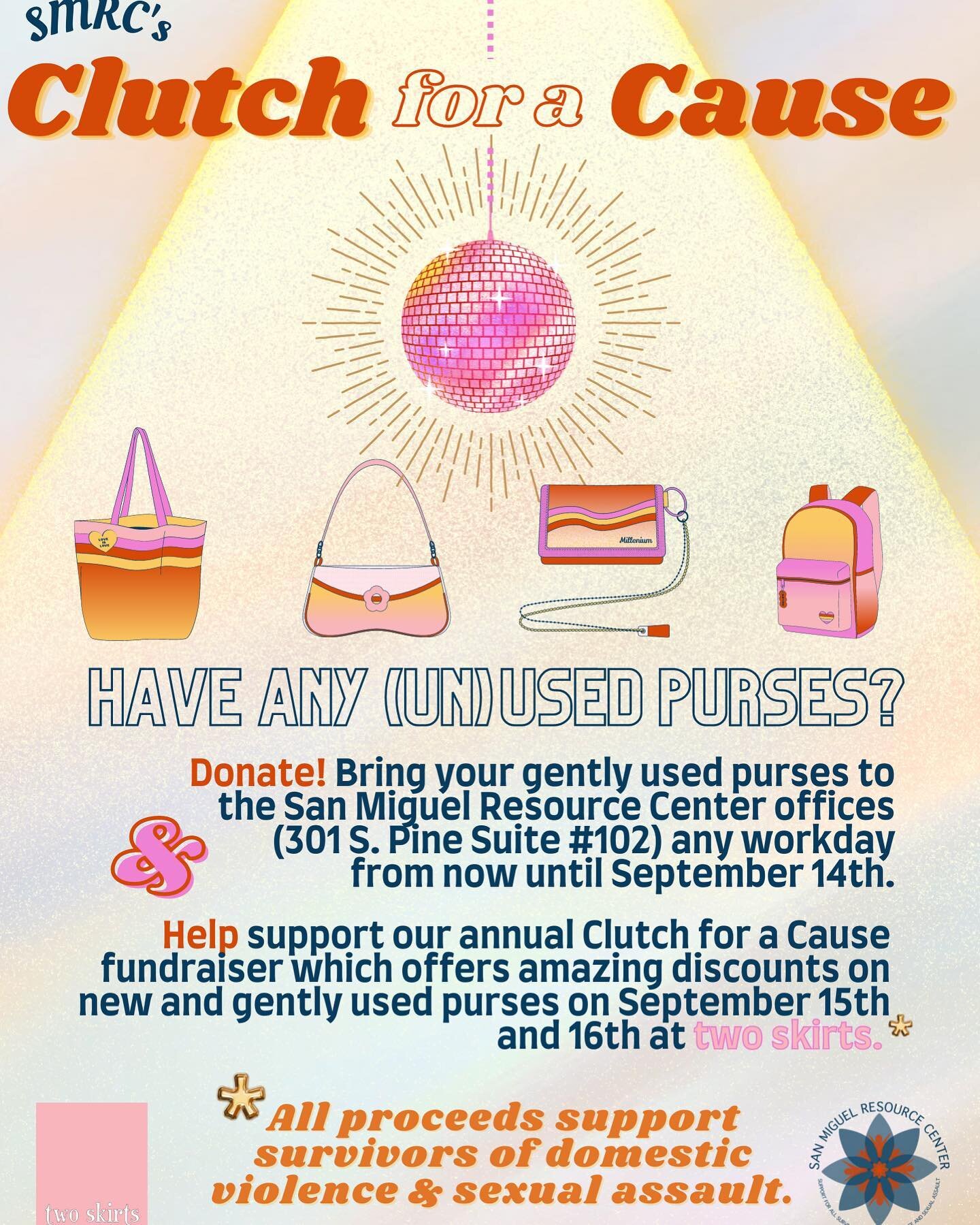 Clutch for a Cause 2022 is around the corner! Have any gently used handbags you&rsquo;d like to donate? Bring them to the SMRC Telluride office or @twoskirtstelluride during business hours and support survivors of interpersonal violence. &amp; we hop