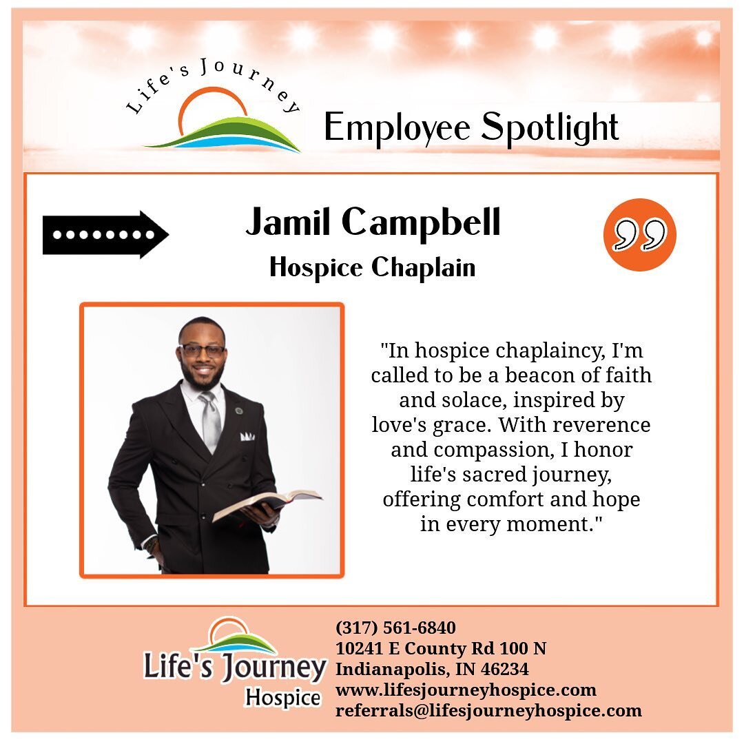 We&rsquo;re proud to have you on our Life&rsquo;s Journey Hospice team, Jamil !🌟

#employeeappreciation #employeespotlight #hospice #spiritual #lifesjourneyhospice #indiana #indianahospice