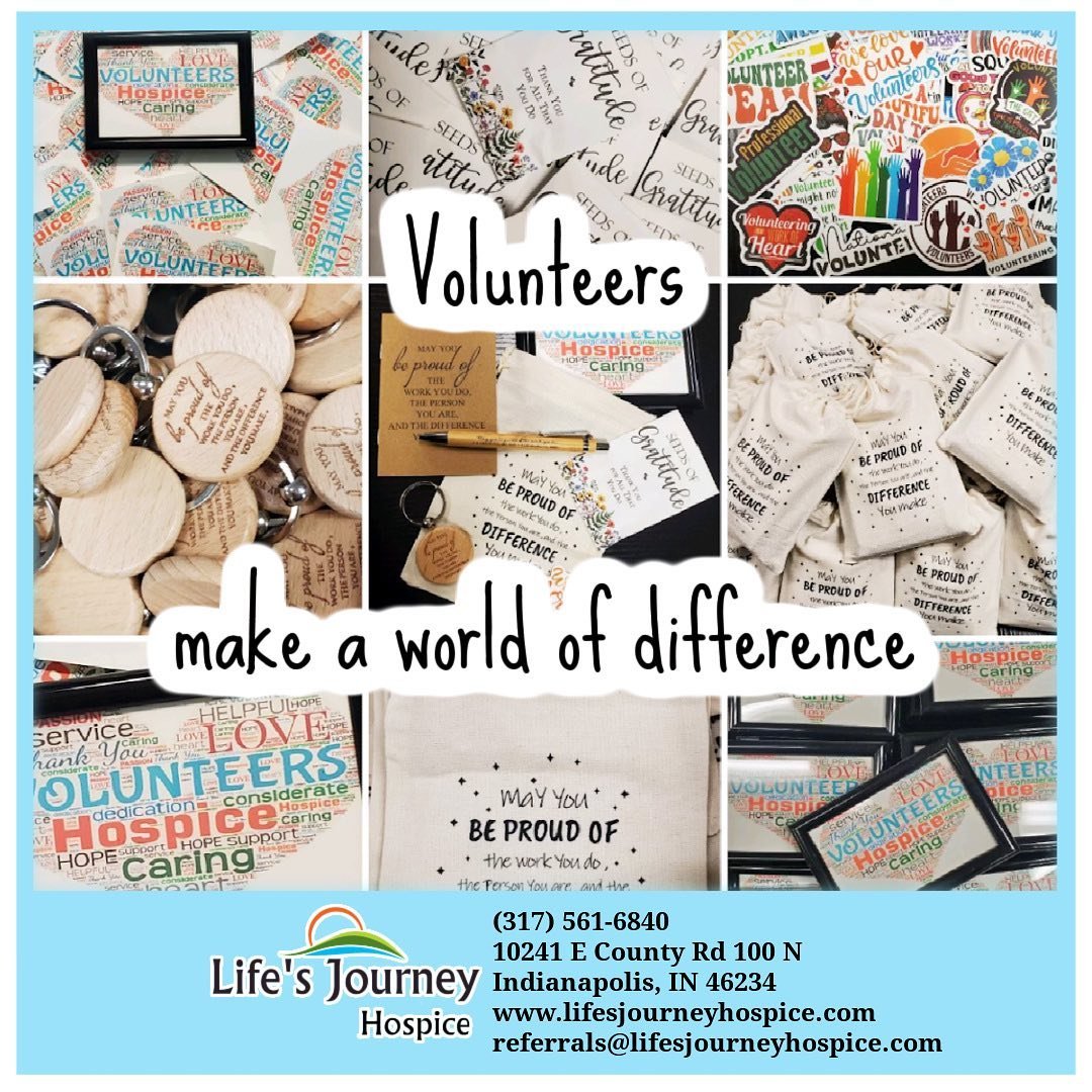 Volunteers make a world of difference here at Life&rsquo;s Journey Hospice!

Our amazing Director of HR, Jenny Sims, put together gifts for our volunteers!

If you&rsquo;re interested in volunteering in Indiana, call Life&rsquo;s Journey Hospice at 3
