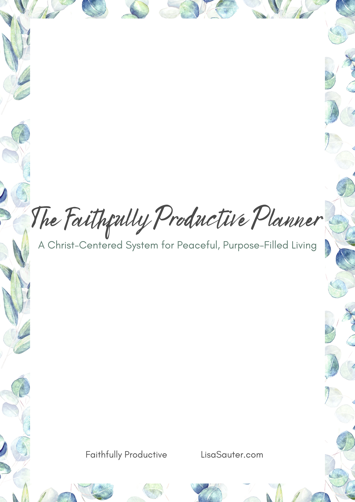 Watercolor painting of green and blue eucalyptus leaves in a repeating pattern.