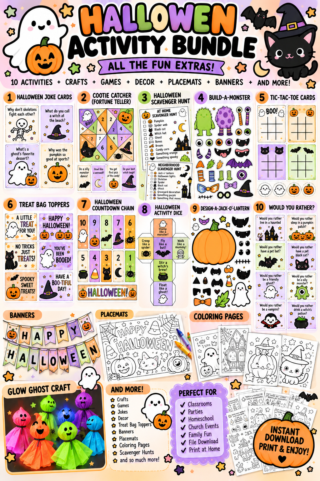 Overview of October Halloween printable activity bundle, games, decor, and keepsake pages