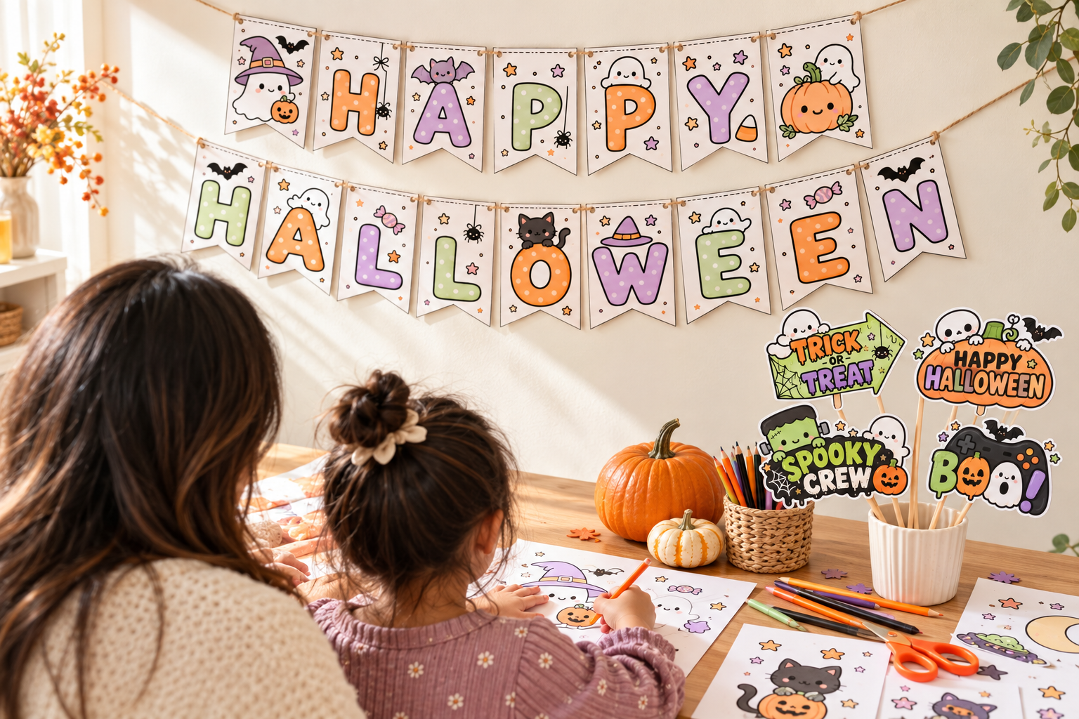 Parent and child using Halloween printables beneath a Happy Halloween banner