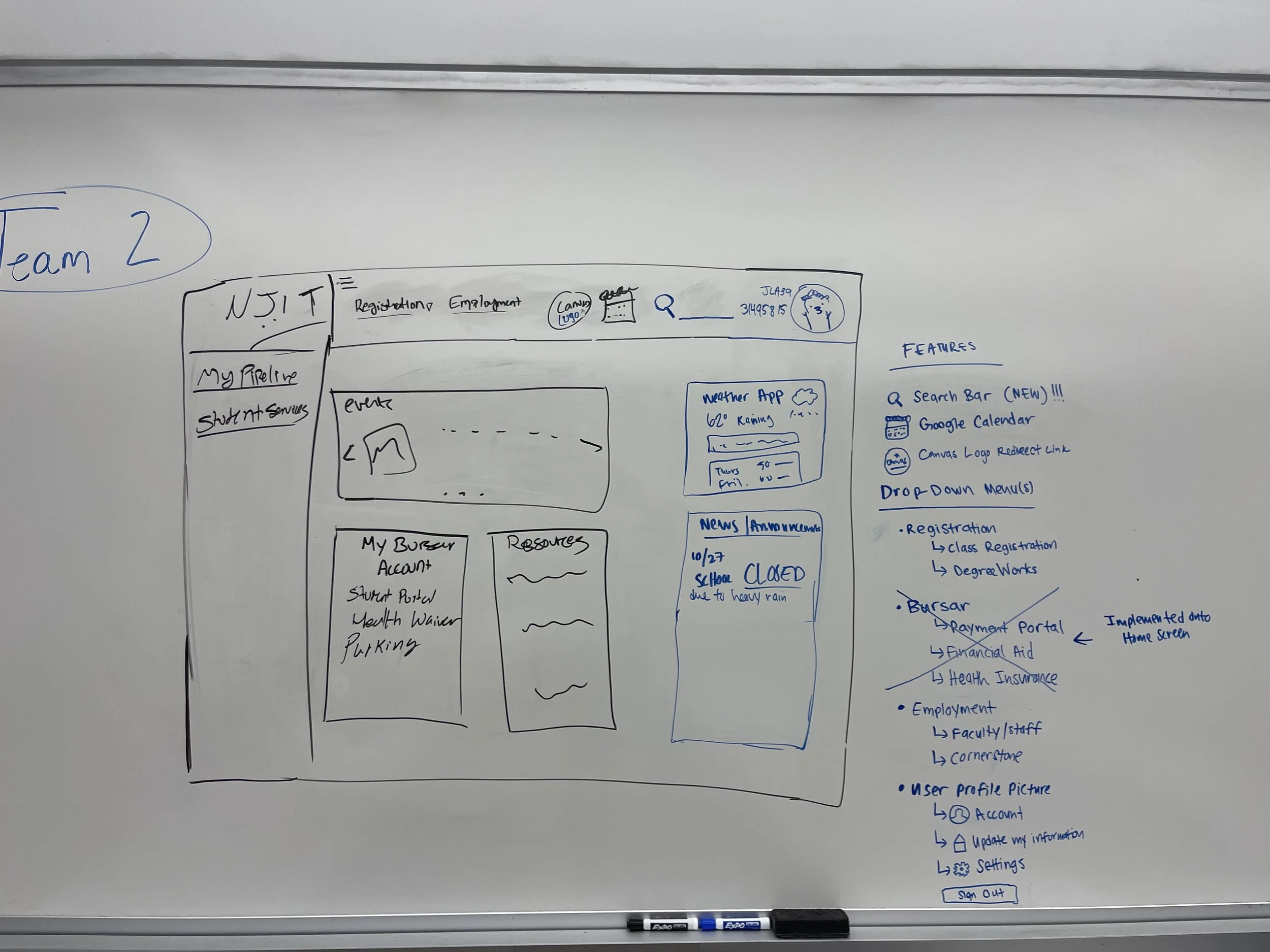 Recreation of the homepage design for the NJIT Student Highlander Pipeline — drawn out by me and three other team members in our SIGCHI Club Meeting.