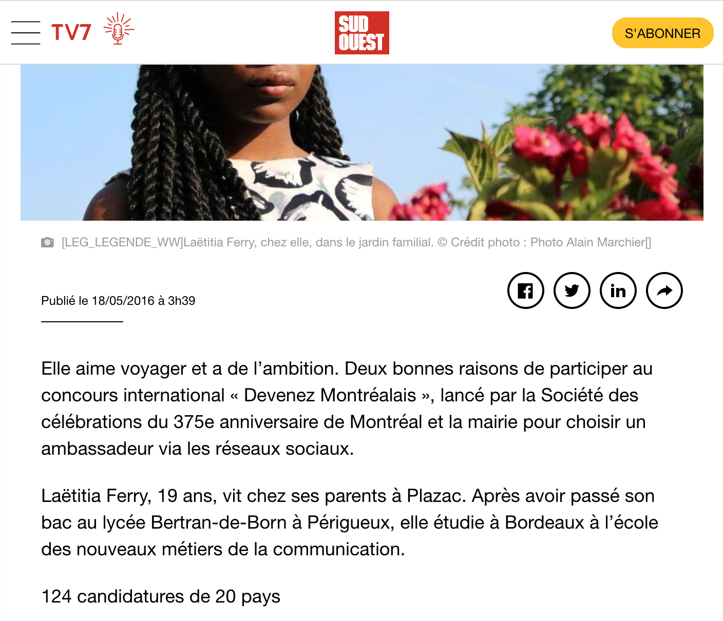 A second article on Sud Ouest,  a daily French newspaper, the third largest regional daily in France in terms of circulation.