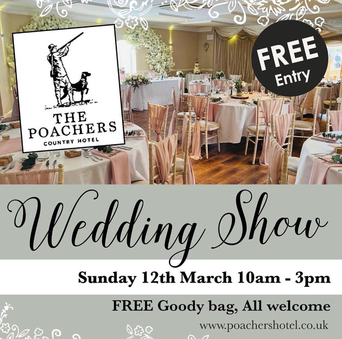 This Sunday I will be at @the_poachers_country_hotel  for their latest Wedding Show 10 - 3pm

I&rsquo;ll be joined by some fantastic suppliers

Catering Team : @bandrdining 
Stunning Venue Dressing : @loubear_events &amp; @the_backdrop_boutique 
Wedd