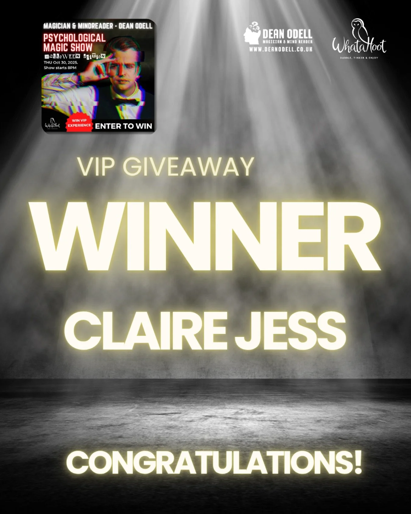 The winner is&hellip;.
 
&hellip;.winning the big VIP prize with:

2x VIP tickets to the show 30th October
Priority seating
Complementary drinks on arrival
Complementary drinks at the interval
And a box of simple cake brownies

Is Claire Jess!

Congr