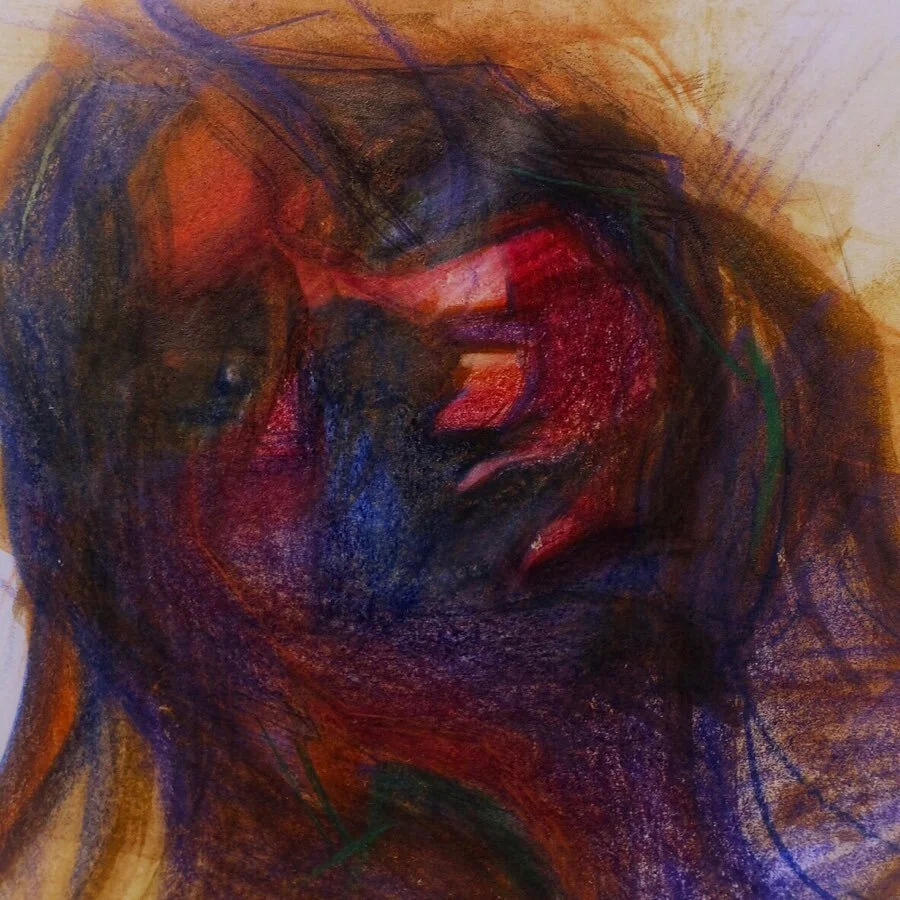 A mirror study from a while back using watercolour pencils.
🩸🔥
I&rsquo;m learning to listen to ferocious bloody shadow self. I use journaling usually. Their mortifying words, red, twist into every wound. I experience shame and horror, fully, withou
