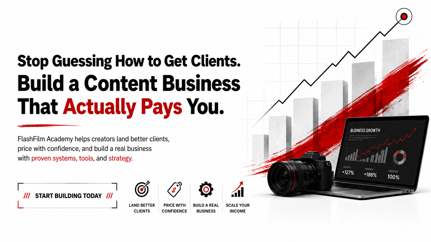 Marketing graphic for FlashFilm Academy with bold text stating, "Stop Guessing How to Get Clients. Build a Content Business That Actually Pays You." It features a graph with an upward trend, a camera, and a laptop displaying business growth metrics, emphasizing scaling income and landing better clients.