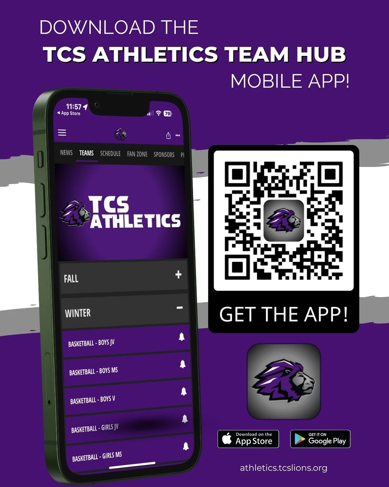 🎁📱 A New Way to Stay Connected!

The Lions Club is excited to share a special gift with our TCS Athletics family &mdash; the brand-new TCS Athletics Team Hub App! 🦁💜

This all-in-one platform helps parents, players, and fans stay up to date with 