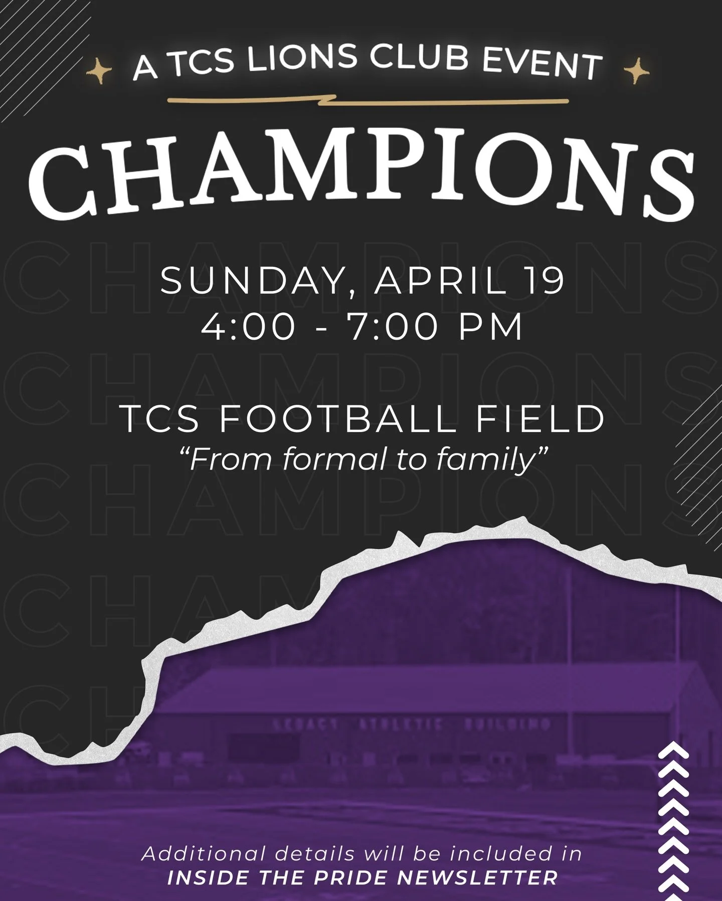 Put your sneakers on and head to the field! 👟

This year, our TCS Lions Club Event will be focused on bringing the family together for a fun filled evening.

Every team.  Every family.  One unforgettable night.

Picture this:
🏈 Athlete hosted activ